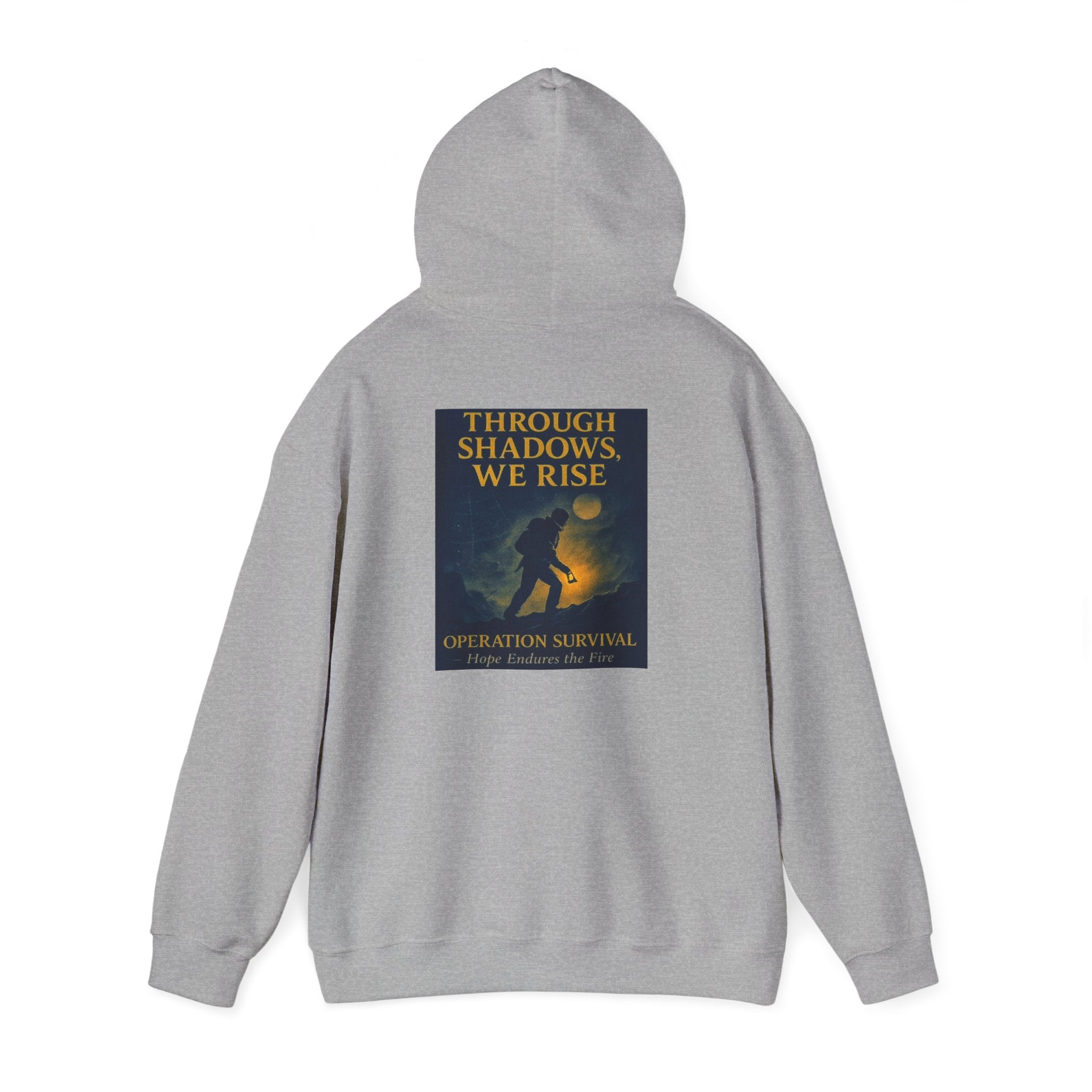 Through Shadows, We Rise – Back-print Cinematic Artwork Operation Survival Hoodie  | Gildan Heavy Blend™ 18500 — Inspirational and Motivational Apparel, Gift for Dreamers, Creative Expression Wear