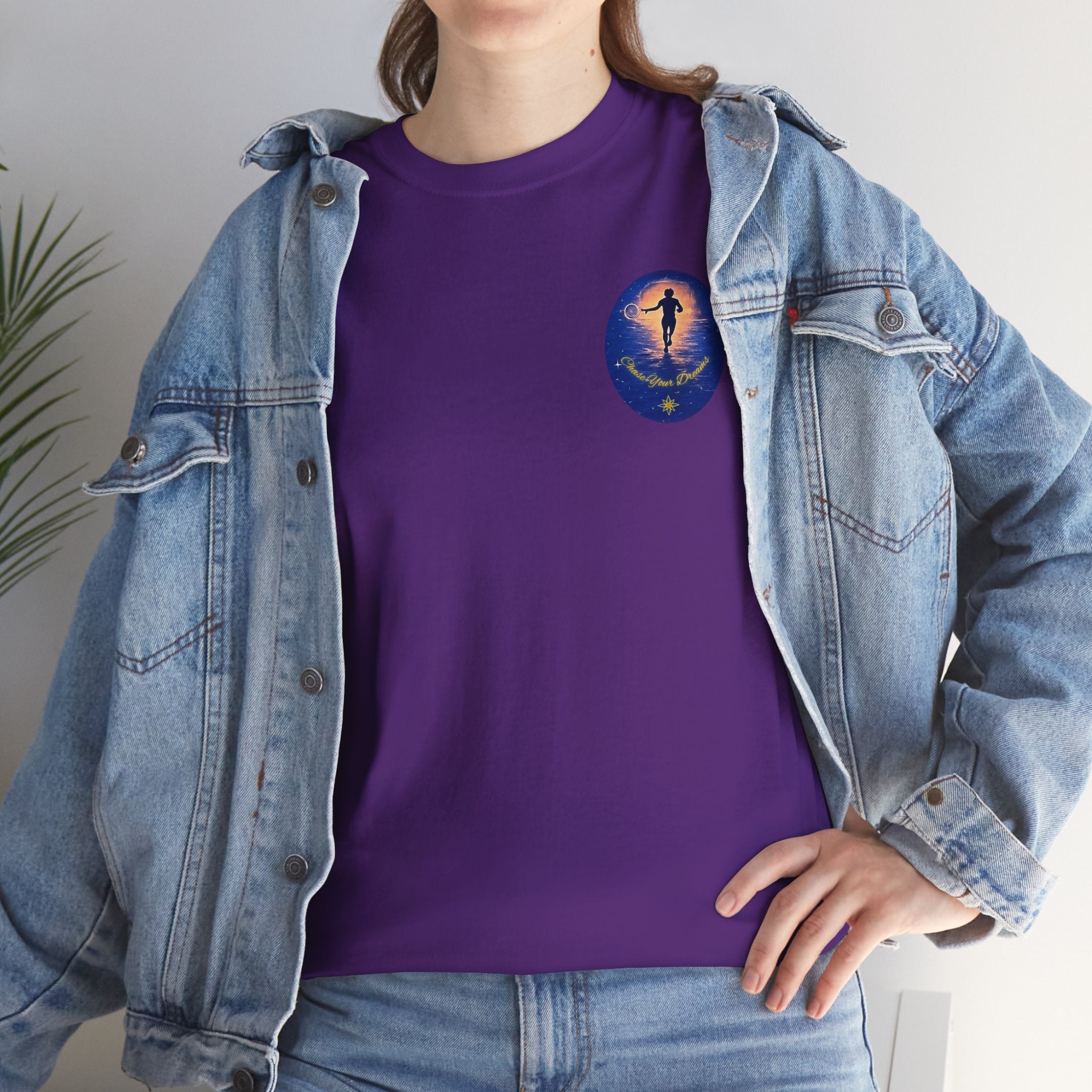 Chase Your Dreams – Sunrise Silhouette Back Printed Heavy Cotton Tee, Inspirational and Motivational Apparel, Gift for Dreamers, Creative Expression Wear