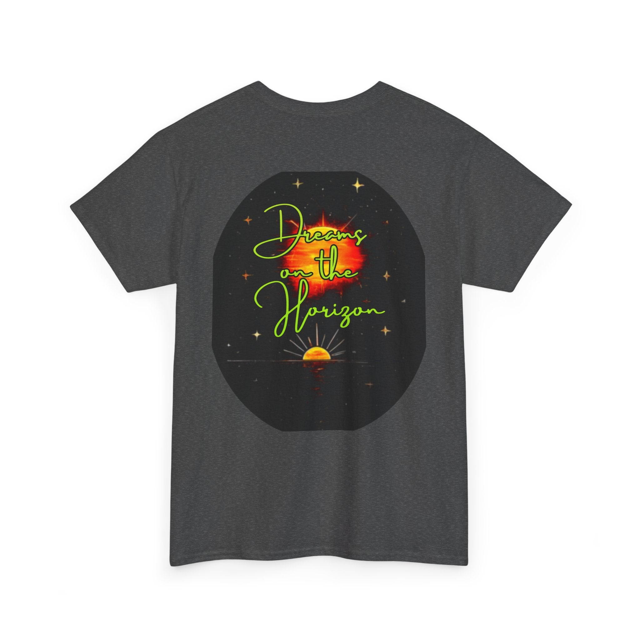 Dreams on the Horizon (Lemongrass) – Sunrise Back-Print Heavy Cotton Tee, Inspirational and Motivational Apparel, Gift for Dreamers, Creative Expression Wear