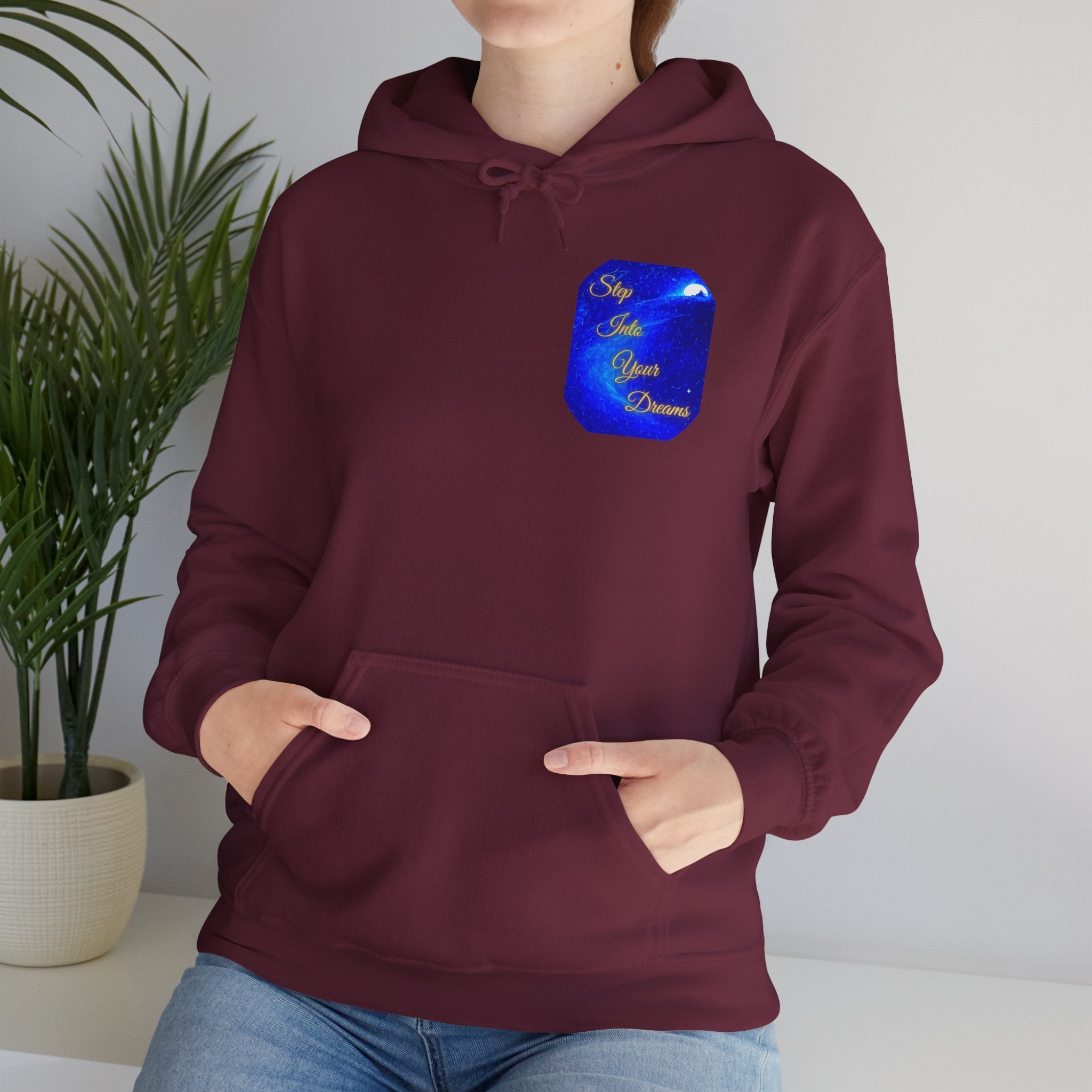Step Into Your Dreams – Cosmic Gateway Back-print Hoodie | Tiny front badge | Gildan Heavy Blend™. Inspirational and Motivational Apparel, Gift for Dreamers, Creative Expression
