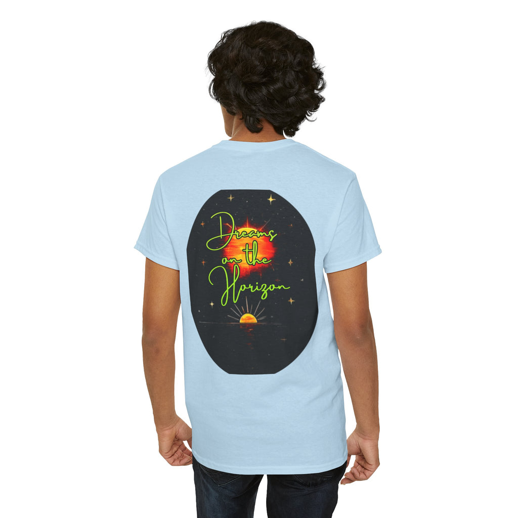 Dreams on the Horizon (Lemongrass) – Sunrise Back-Print Heavy Cotton Tee, Inspirational and Motivational Apparel, Gift for Dreamers, Creative Expression Wear