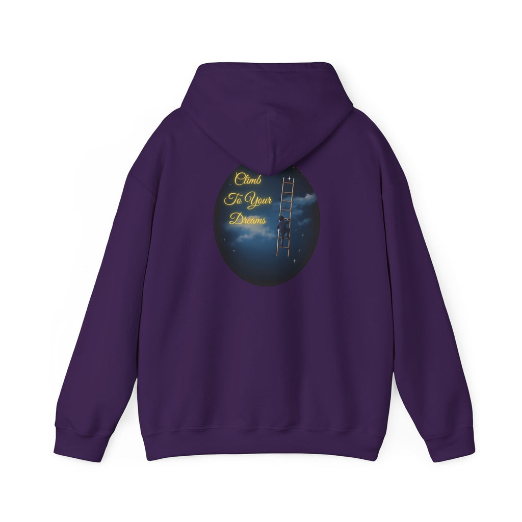 Climb To Your Dreams – Starry Night Ladder-to-Moon Back-Print Hoodie + Front Badge | Gildan 18500, Inspirational and Motivational Apparel, Gift for Dreamers, Creative Expression Wear
