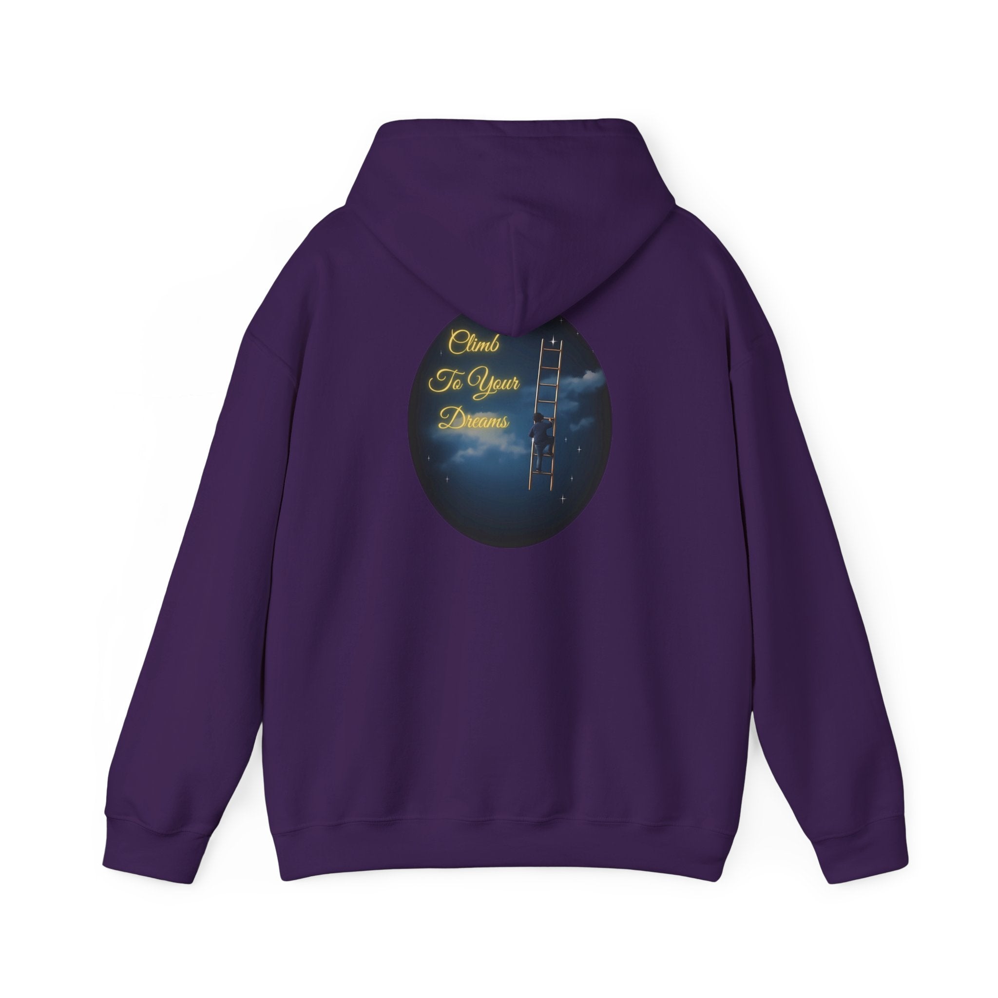 Climb To Your Dreams – Starry Night Ladder-to-Moon Back-Print Hoodie + Front Badge | Gildan 18500, Inspirational and Motivational Apparel, Gift for Dreamers, Creative Expression Wear