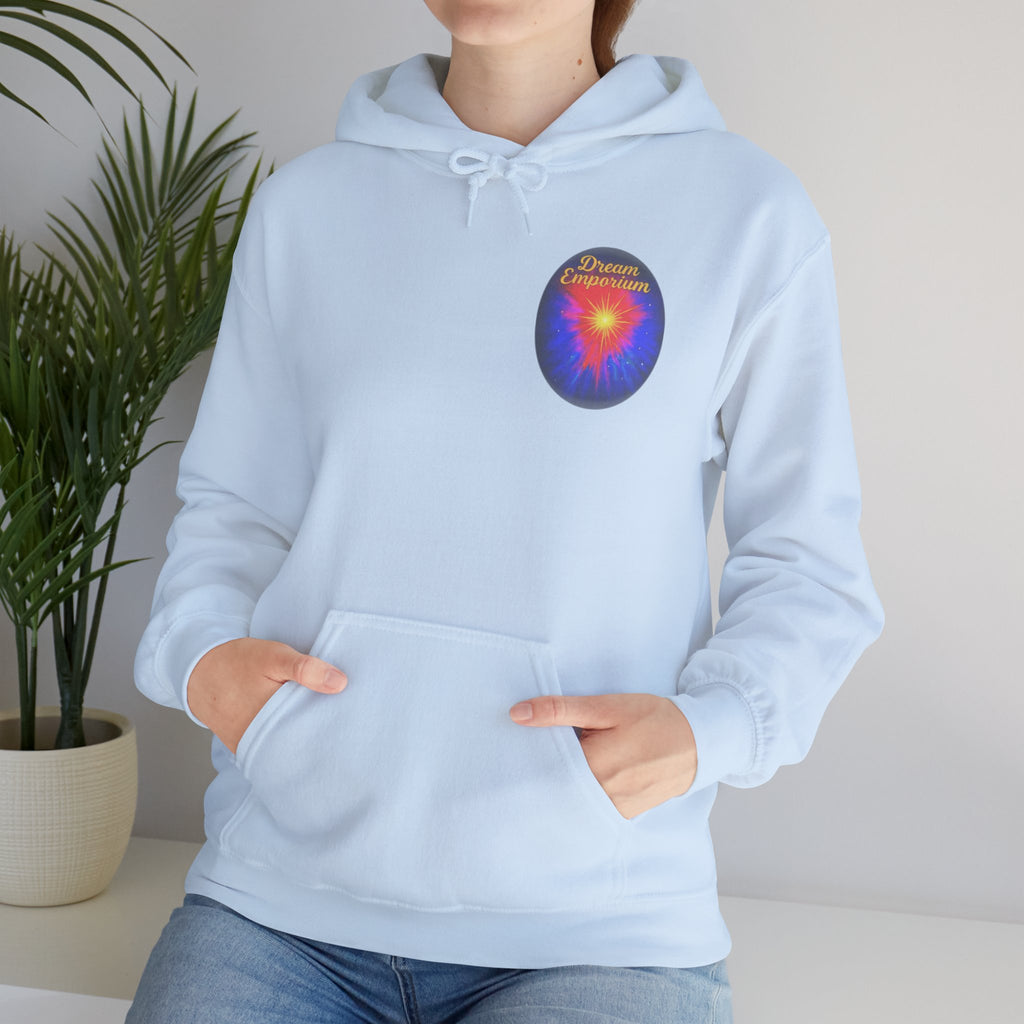 Dream Emporium – Back Printed Radiant Starburst Heavy Blend™ Hooded Sweatshirt, Inspirational and Motivational Apparel, Gift for Dreamers, Creative Expression Wear