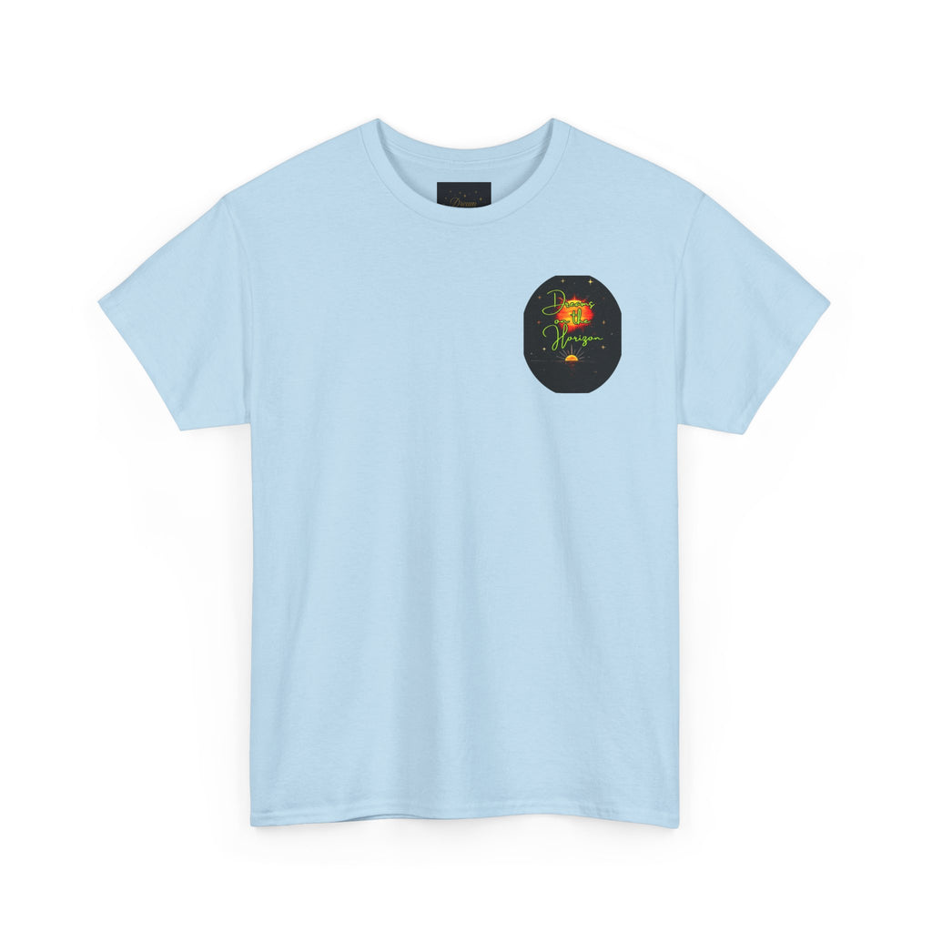 Dreams on the Horizon (Lemongrass) – Sunrise Back-Print Heavy Cotton Tee, Inspirational and Motivational Apparel, Gift for Dreamers, Creative Expression Wear