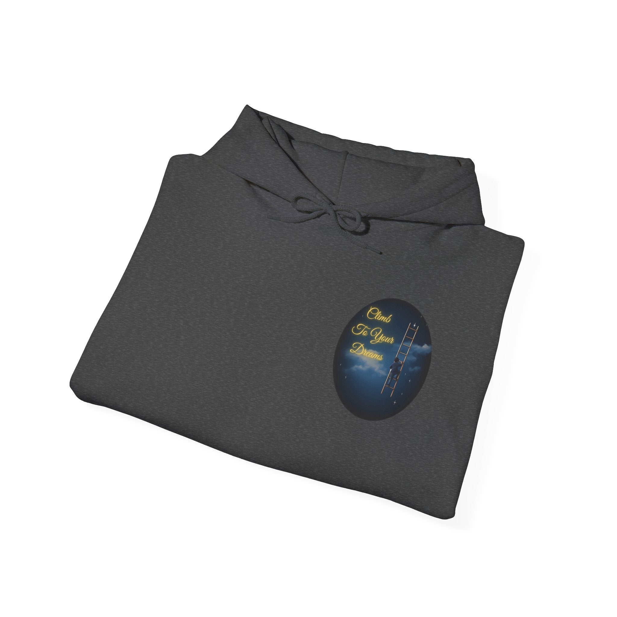 Climb To Your Dreams – Starry Night Ladder-to-Moon Back-Print Hoodie + Front Badge | Gildan 18500, Inspirational and Motivational Apparel, Gift for Dreamers, Creative Expression Wear