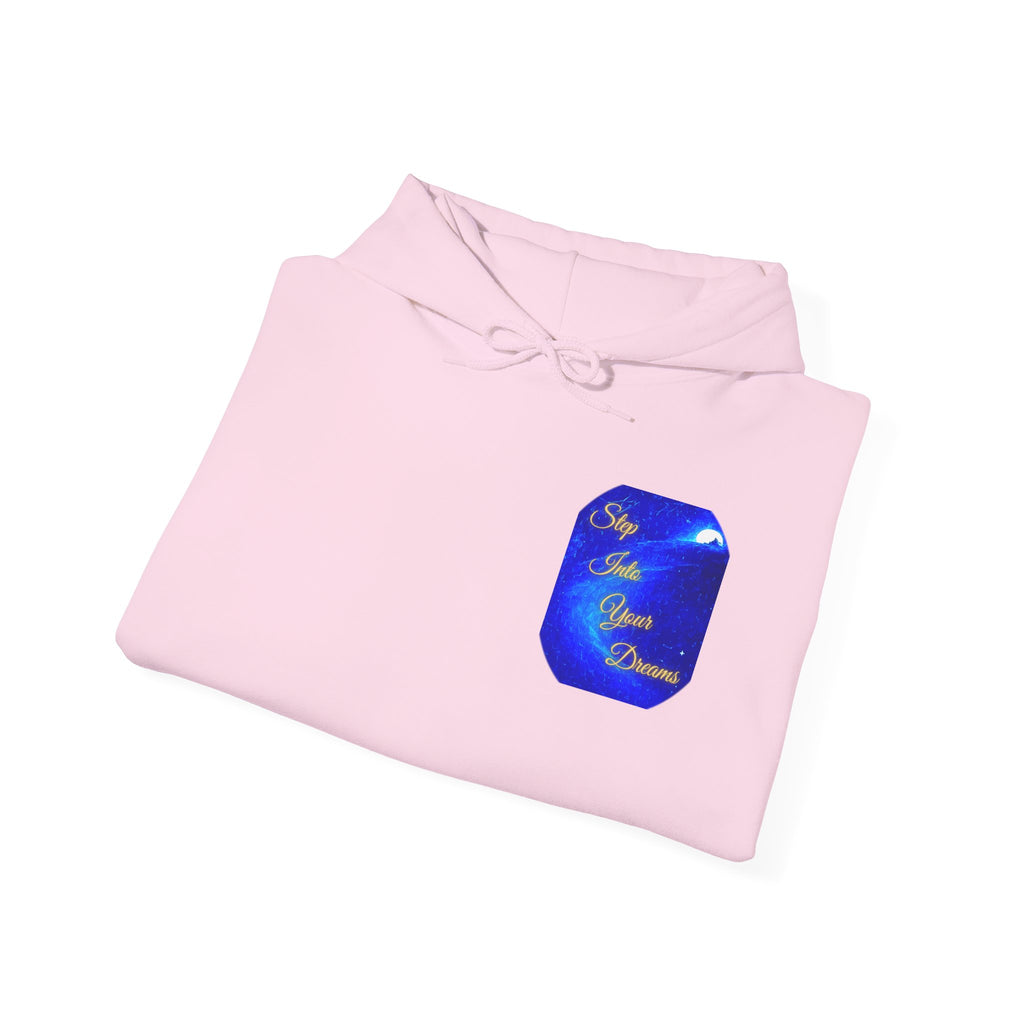 Step Into Your Dreams – Cosmic Gateway Back-print Hoodie | Tiny front badge | Gildan Heavy Blend™. Inspirational and Motivational Apparel, Gift for Dreamers, Creative Expression