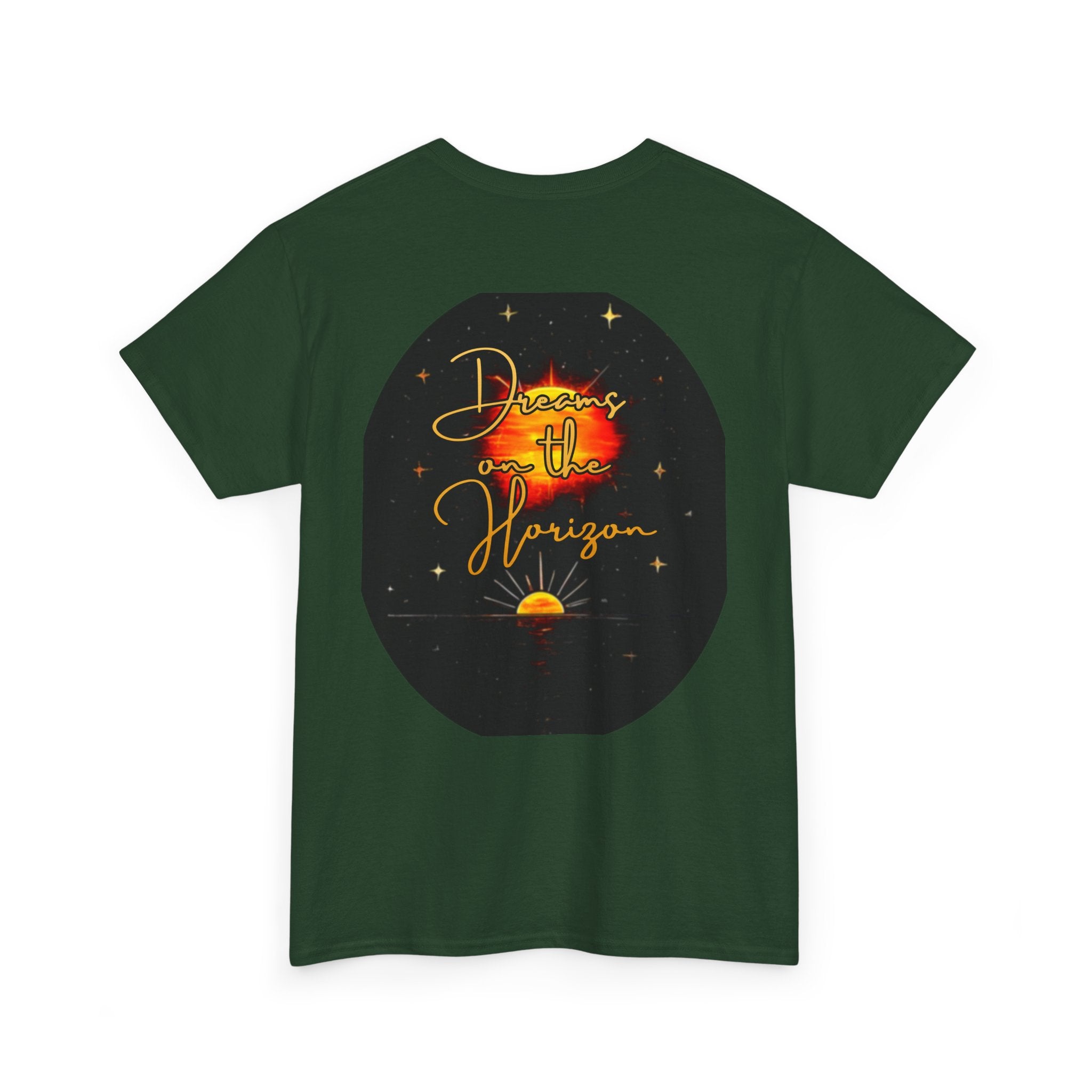 Dreams on the Horizon – Sunrise Back-Print Heavy Cotton Tee, Inspirational and Motivational Apparel, Gift for Dreamers, Creative Expression Wear