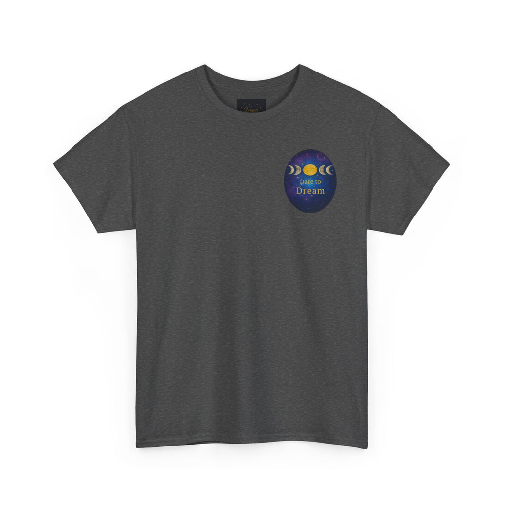 Dare to Dream Moon-Phase Tee – Golden Full Moon Back Print + Front Badge | Gildan 5000 Heavy Cotton, Inspirational and Motivational Apparel, Gift for Dreamers, Creative Expression Wear