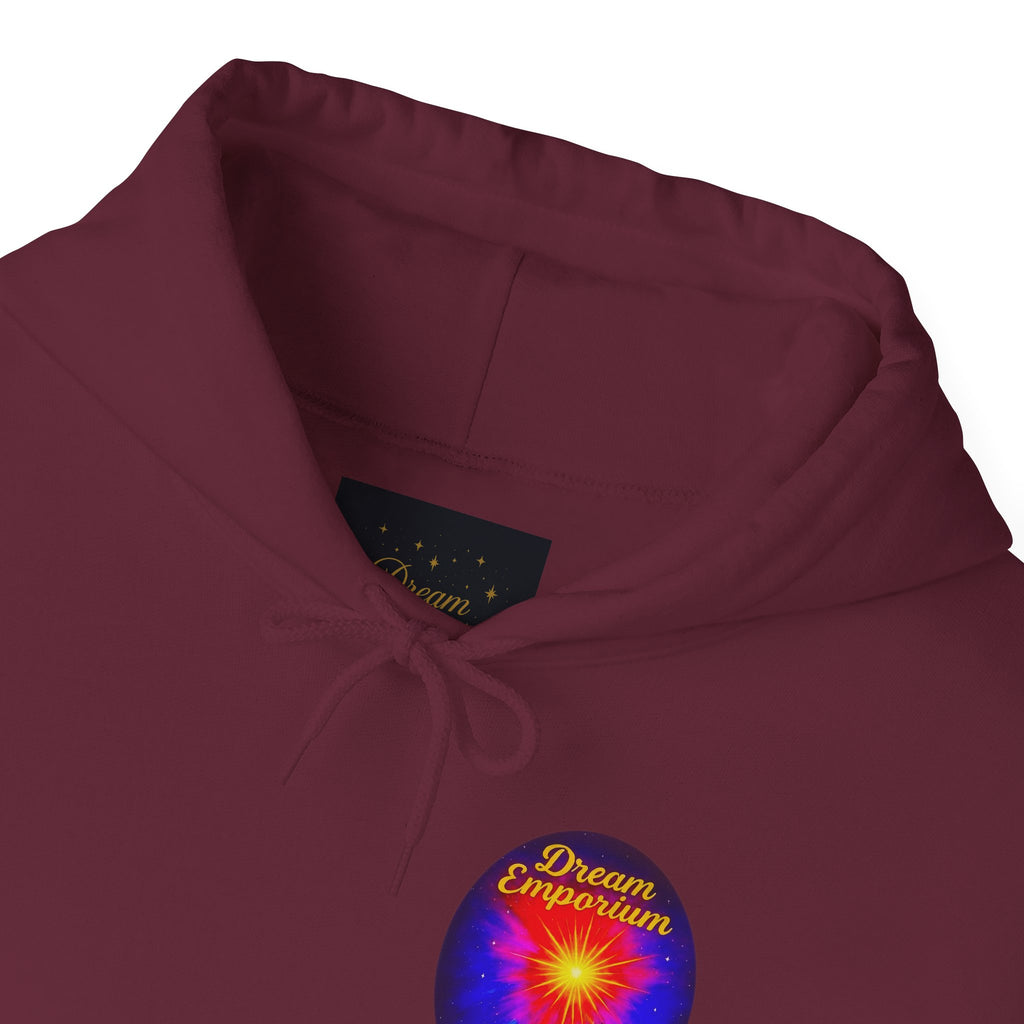 Dream Emporium – Back Printed Radiant Starburst Heavy Blend™ Hooded Sweatshirt, Inspirational and Motivational Apparel, Gift for Dreamers, Creative Expression Wear