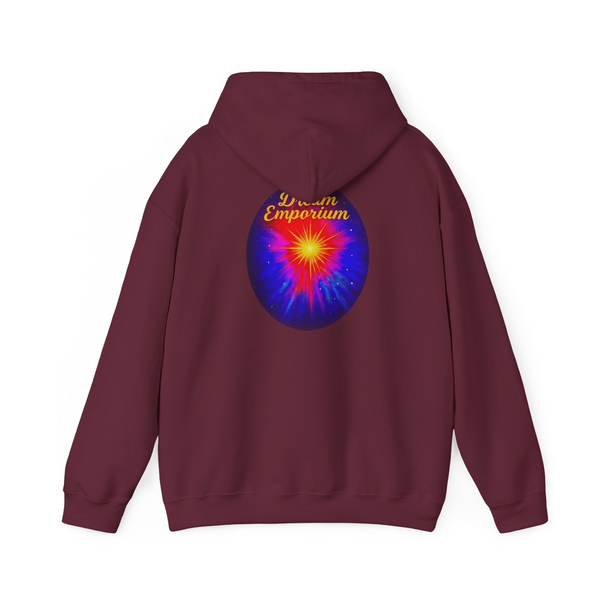 Dream Emporium – Back Printed Radiant Starburst Heavy Blend™ Hooded Sweatshirt, Inspirational and Motivational Apparel, Gift for Dreamers, Creative Expression Wear