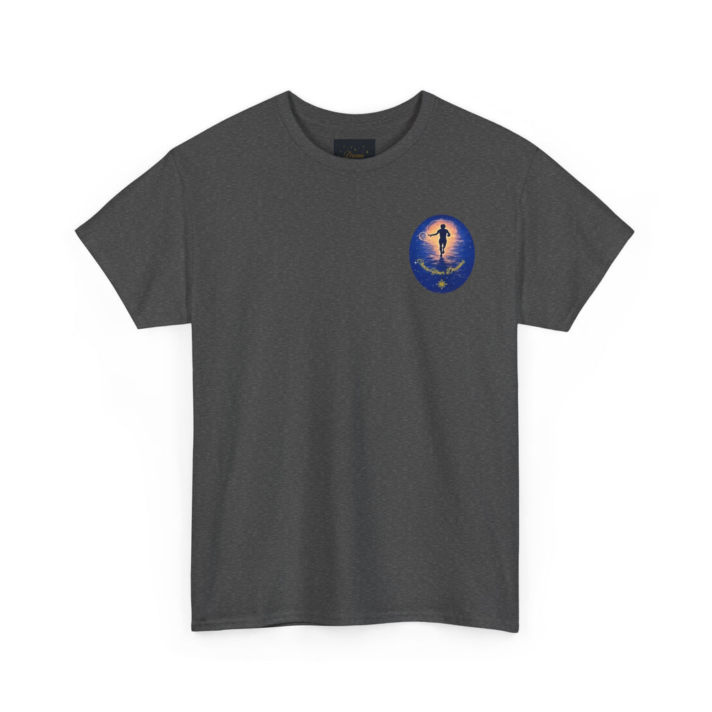 Chase Your Dreams – Sunrise Silhouette Back Printed Heavy Cotton Tee, Inspirational and Motivational Apparel, Gift for Dreamers, Creative Expression Wear