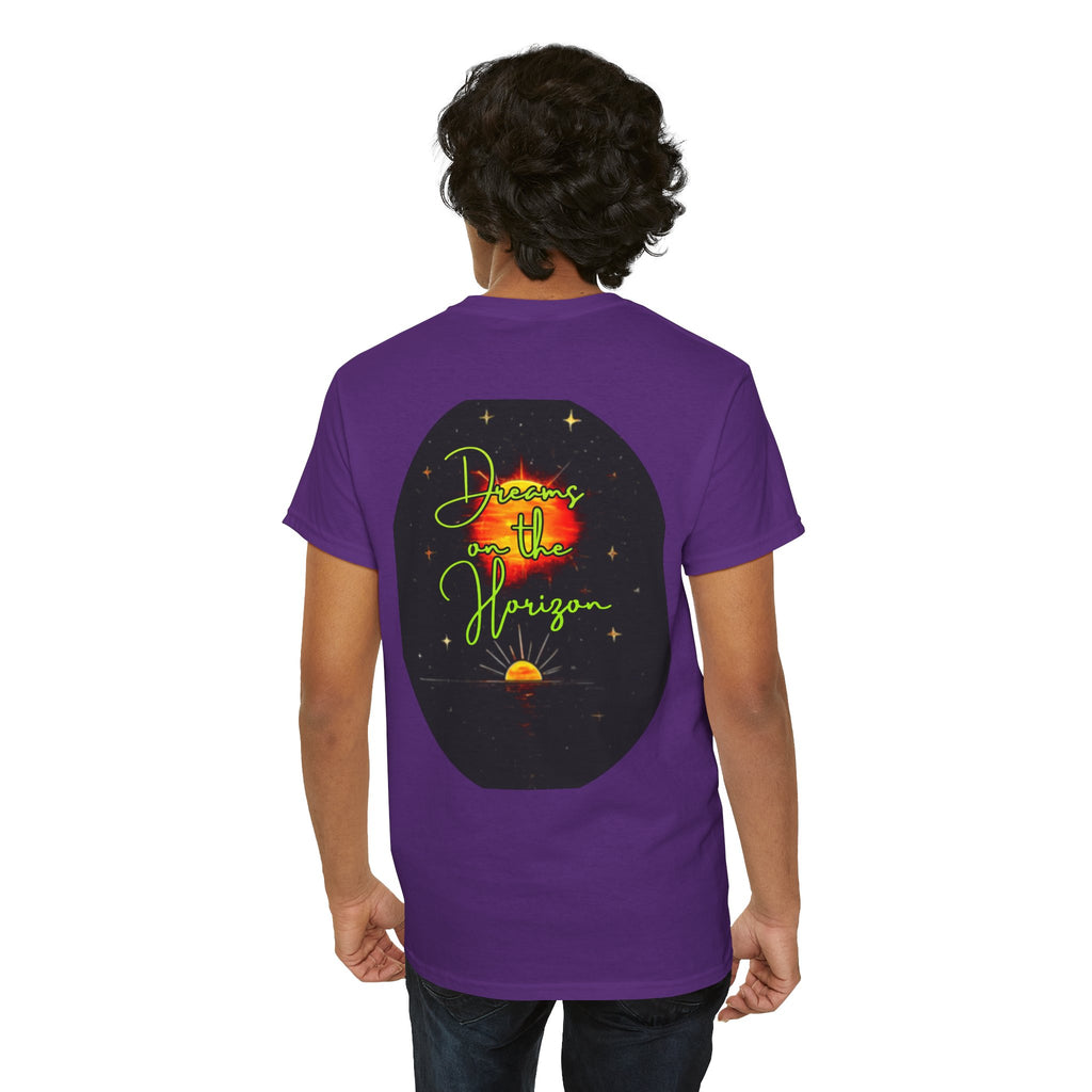 Dreams on the Horizon (Lemongrass) – Sunrise Back-Print Heavy Cotton Tee, Inspirational and Motivational Apparel, Gift for Dreamers, Creative Expression Wear