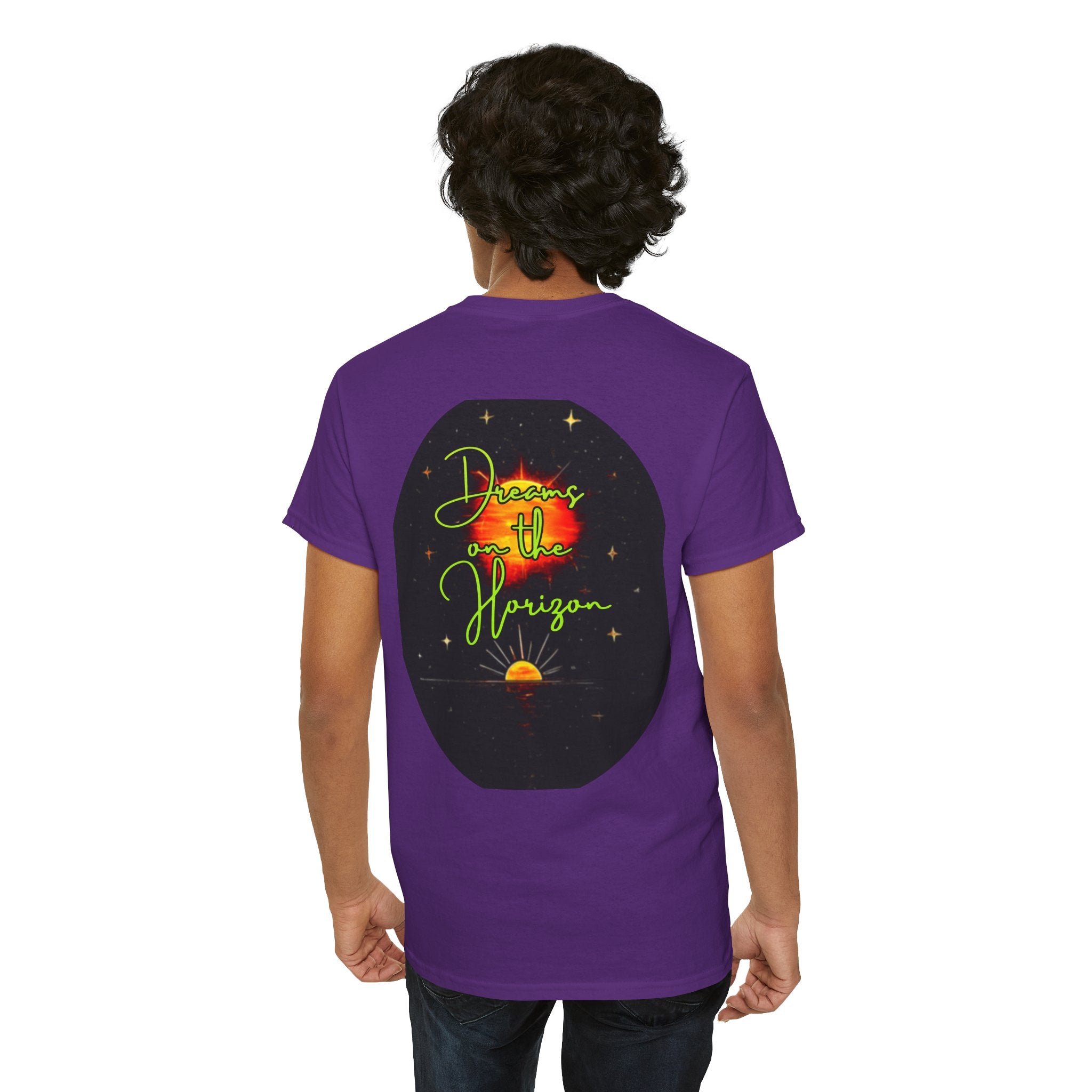 Dreams on the Horizon (Lemongrass) – Sunrise Back-Print Heavy Cotton Tee, Inspirational and Motivational Apparel, Gift for Dreamers, Creative Expression Wear