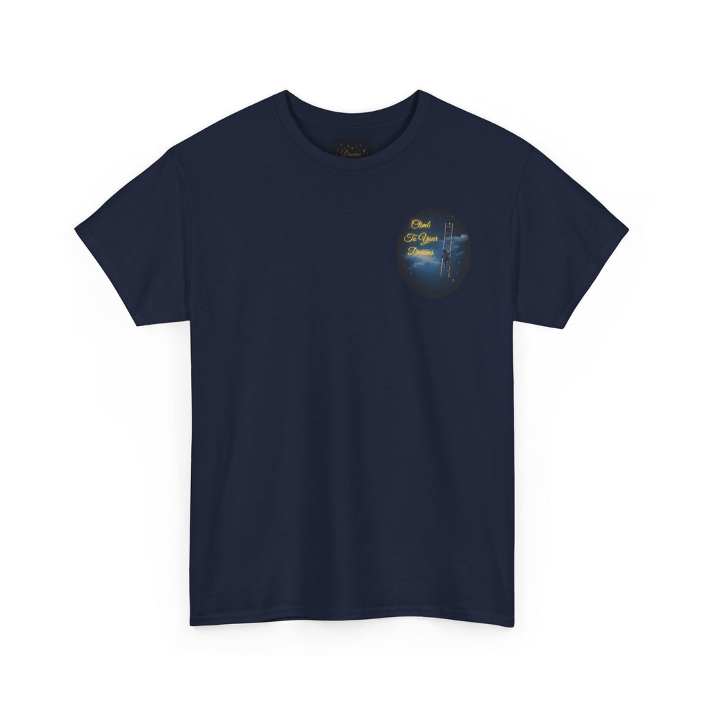 Climb To Your Dreams – Starry Night Ladder Back-Print Tee + Front Badge | Gildan 5000, Inspirational and Motivational Apparel, Gift for Dreamers, Creative Expression Wear