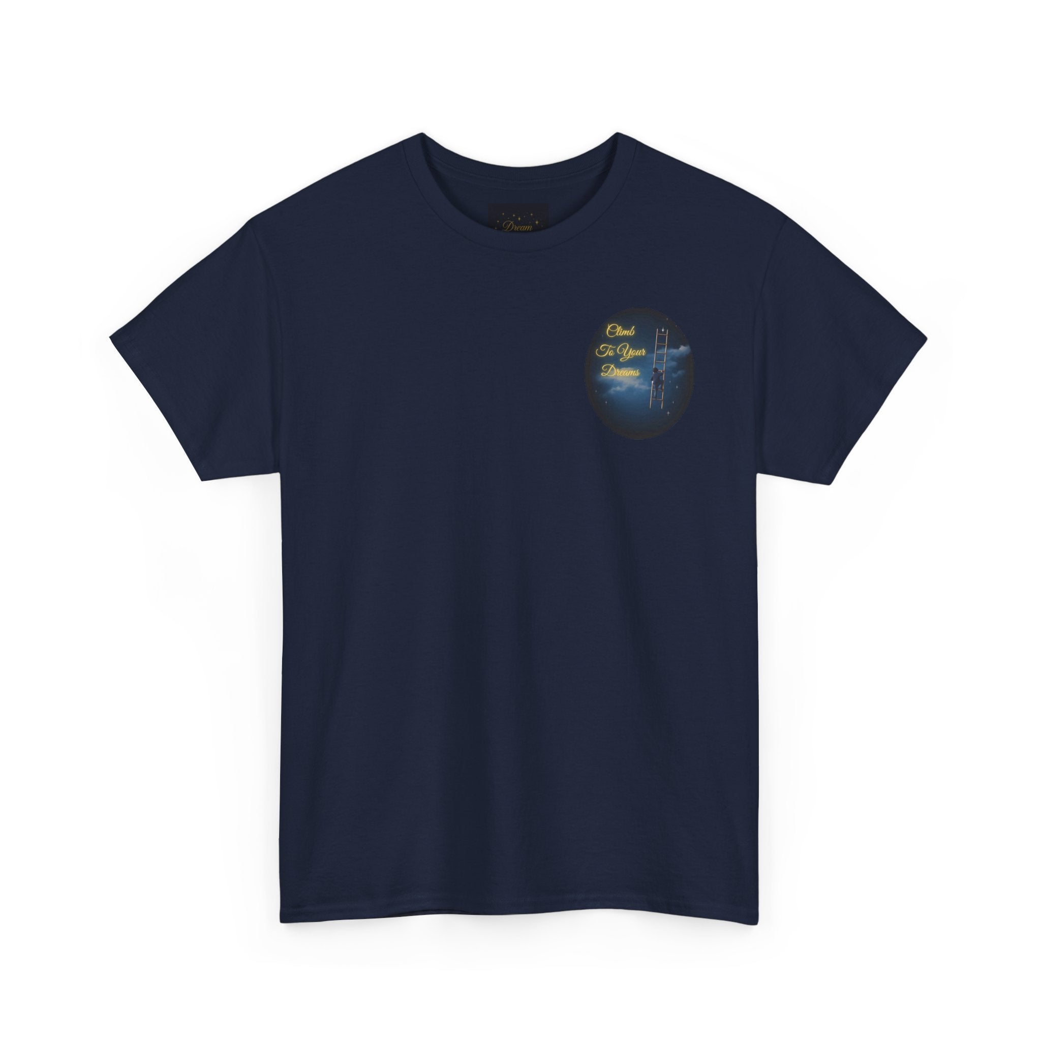 Climb To Your Dreams – Starry Night Ladder Back-Print Tee + Front Badge | Gildan 5000, Inspirational and Motivational Apparel, Gift for Dreamers, Creative Expression Wear