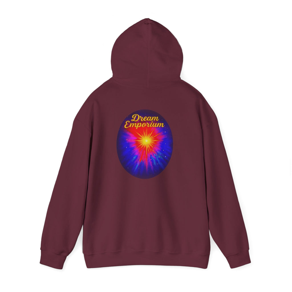 Dream Emporium – Back Printed Radiant Starburst Heavy Blend™ Hooded Sweatshirt, Inspirational and Motivational Apparel, Gift for Dreamers, Creative Expression Wear