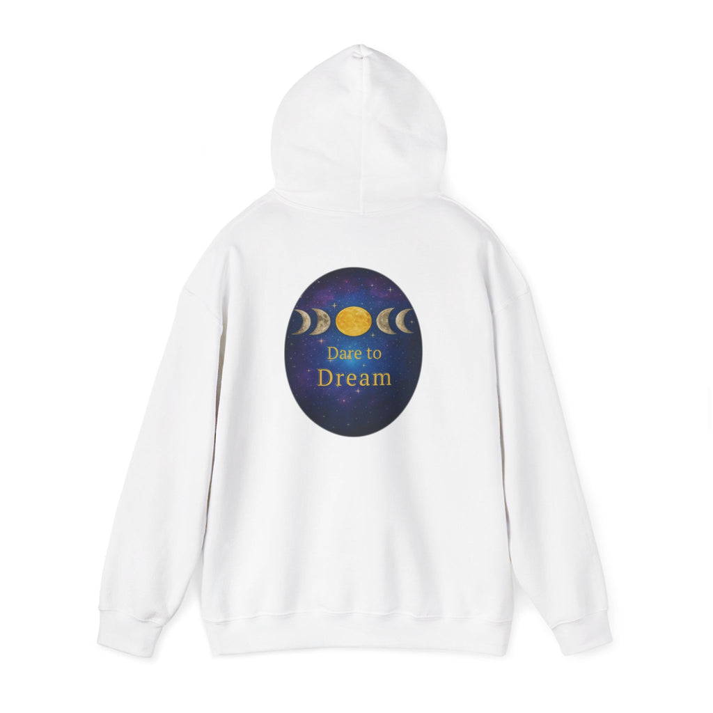 Dare to Dream Moon-Phase Hoodie | Back Glow Print + Front Badge | Heavy Blend™, Inspirational and Motivational Apparel, Gift for Dreamers, Creative Expression Wear