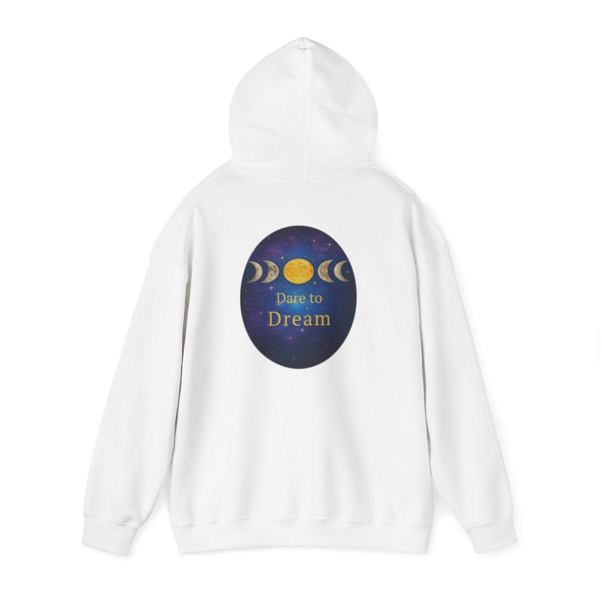 Dare to Dream Moon-Phase Hoodie | Back Glow Print + Front Badge | Heavy Blend™, Inspirational and Motivational Apparel, Gift for Dreamers, Creative Expression Wear
