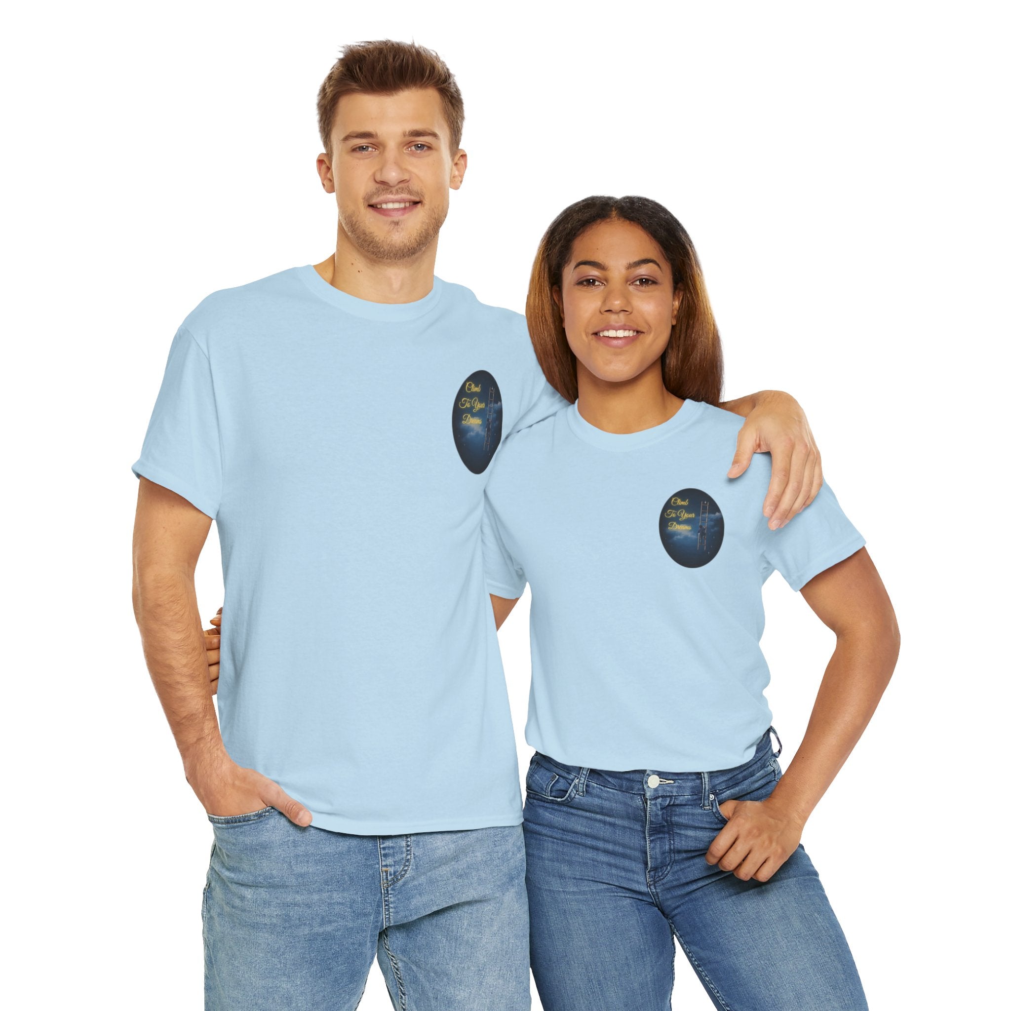 Climb To Your Dreams – Starry Night Ladder Back-Print Tee + Front Badge | Gildan 5000, Inspirational and Motivational Apparel, Gift for Dreamers, Creative Expression Wear