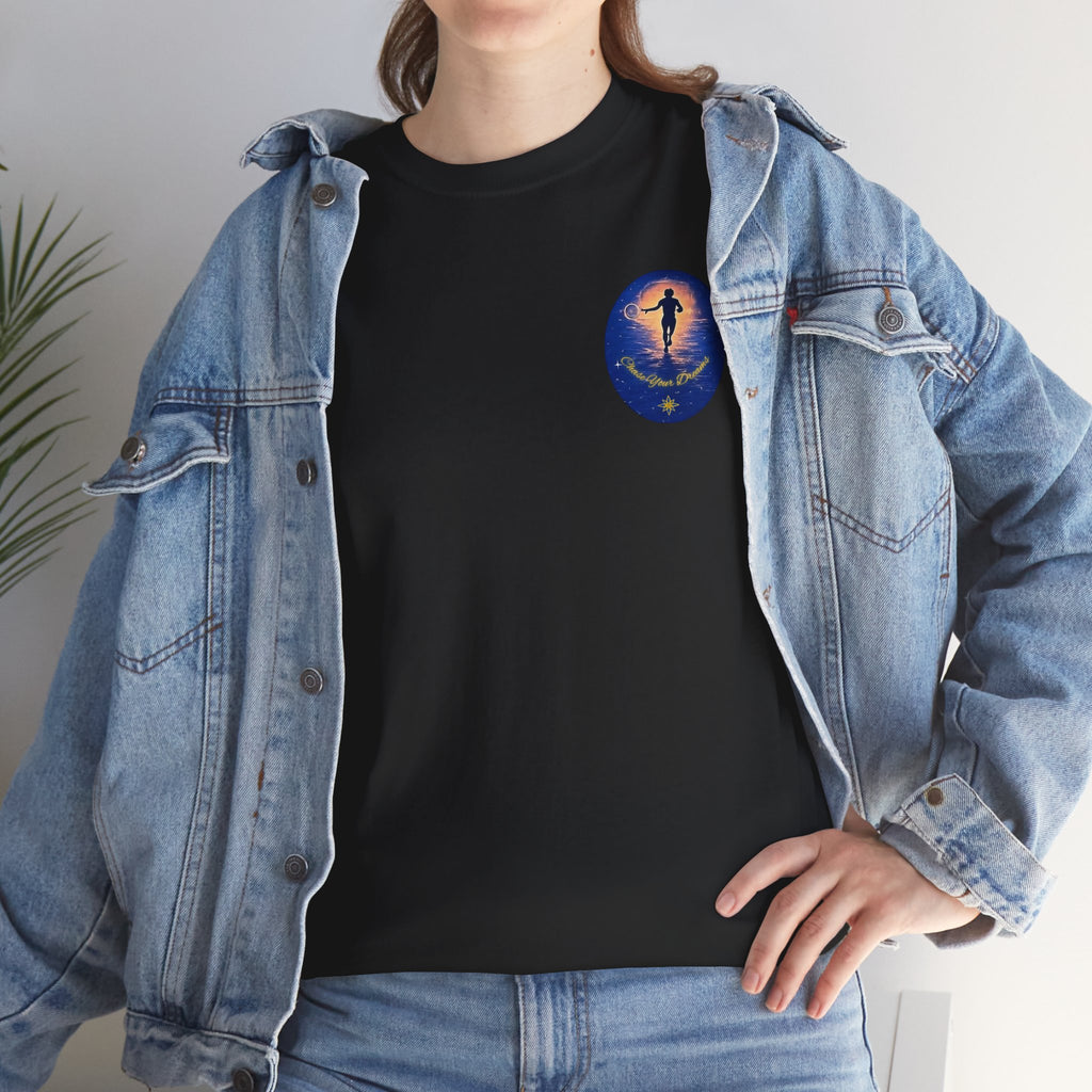 Chase Your Dreams – Sunrise Silhouette Back Printed Heavy Cotton Tee, Inspirational and Motivational Apparel, Gift for Dreamers, Creative Expression Wear