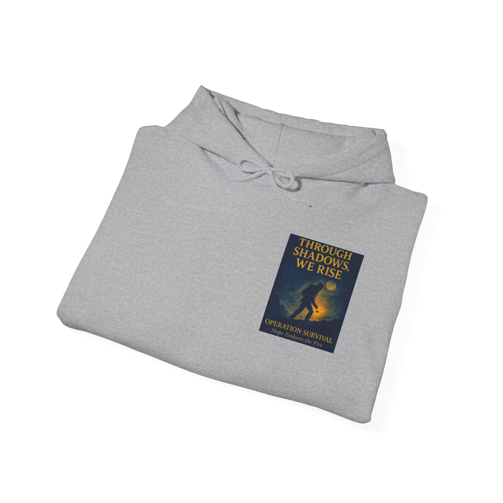 Through Shadows, We Rise – Back-print Cinematic Artwork Operation Survival Hoodie  | Gildan Heavy Blend™ 18500 — Inspirational and Motivational Apparel, Gift for Dreamers, Creative Expression Wear