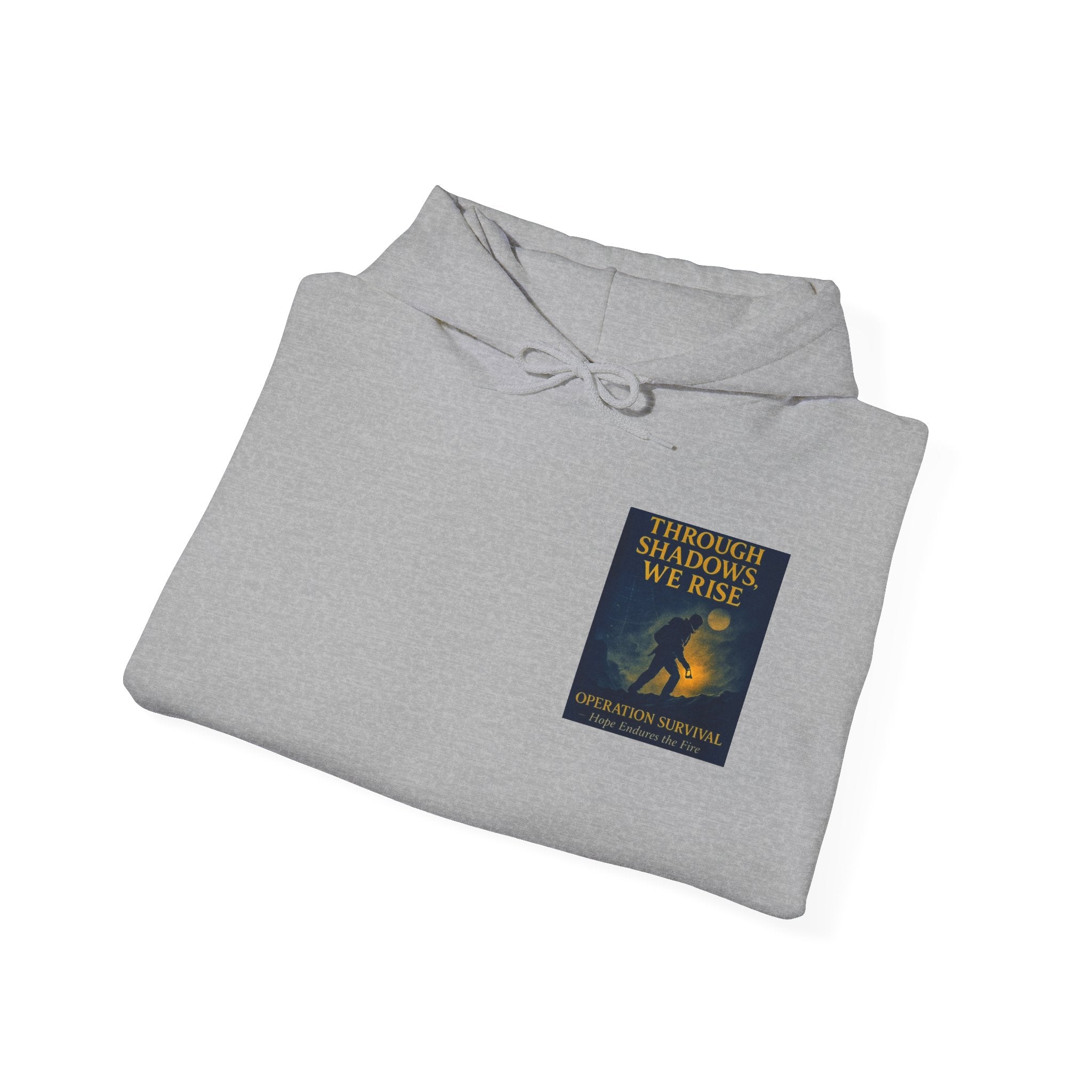 Through Shadows, We Rise – Back-print Cinematic Artwork Operation Survival Hoodie  | Gildan Heavy Blend™ 18500 — Inspirational and Motivational Apparel, Gift for Dreamers, Creative Expression Wear