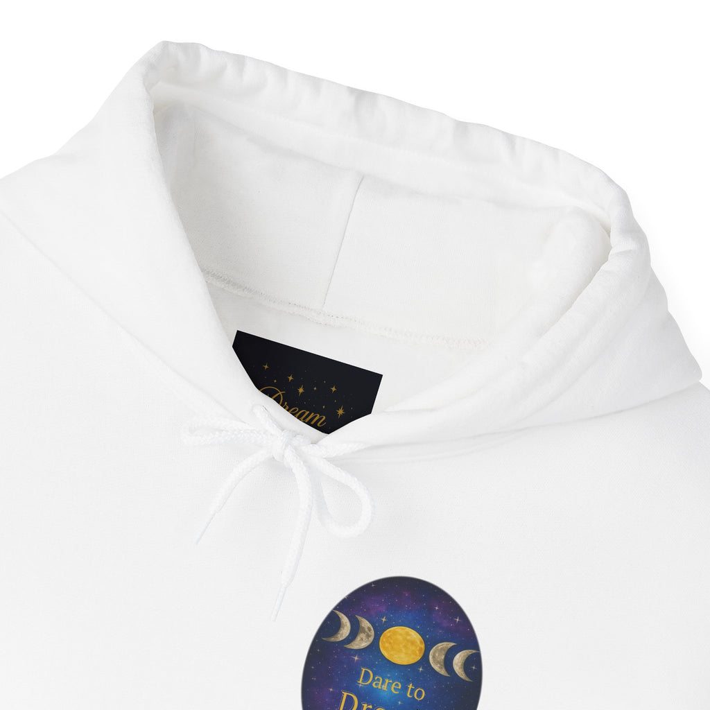 Dare to Dream Moon-Phase Hoodie | Back Glow Print + Front Badge | Heavy Blend™, Inspirational and Motivational Apparel, Gift for Dreamers, Creative Expression Wear