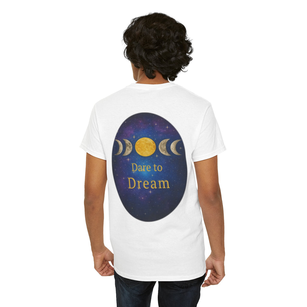 Dare to Dream Moon-Phase Tee – Golden Full Moon Back Print + Front Badge | Gildan 5000 Heavy Cotton, Inspirational and Motivational Apparel, Gift for Dreamers, Creative Expression Wear