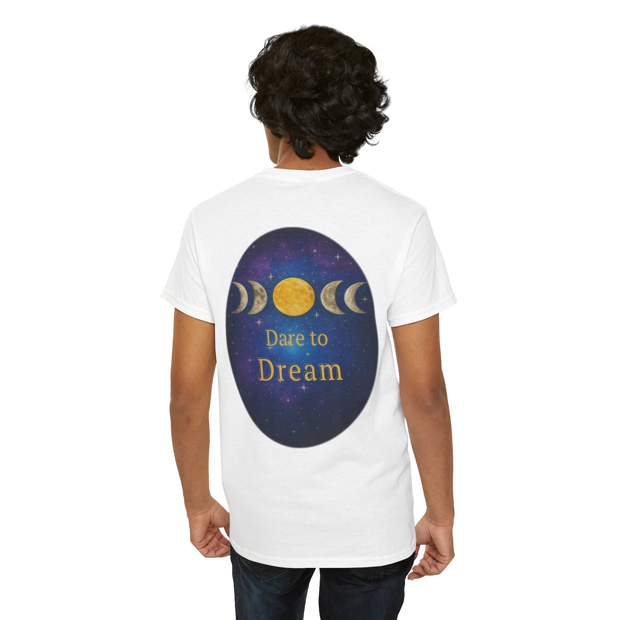 Dare to Dream Moon-Phase Tee – Golden Full Moon Back Print + Front Badge | Gildan 5000 Heavy Cotton, Inspirational and Motivational Apparel, Gift for Dreamers, Creative Expression Wear