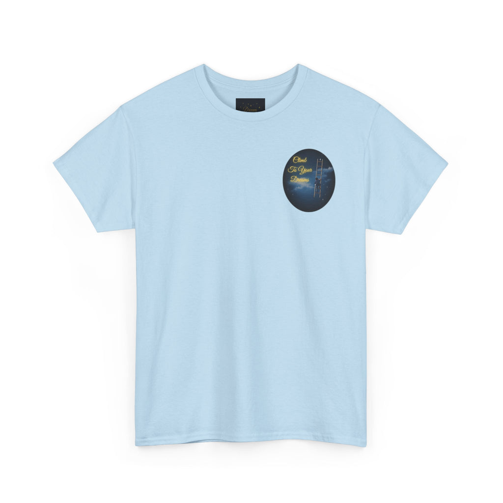 Climb To Your Dreams – Starry Night Ladder Back-Print Tee + Front Badge | Gildan 5000, Inspirational and Motivational Apparel, Gift for Dreamers, Creative Expression Wear