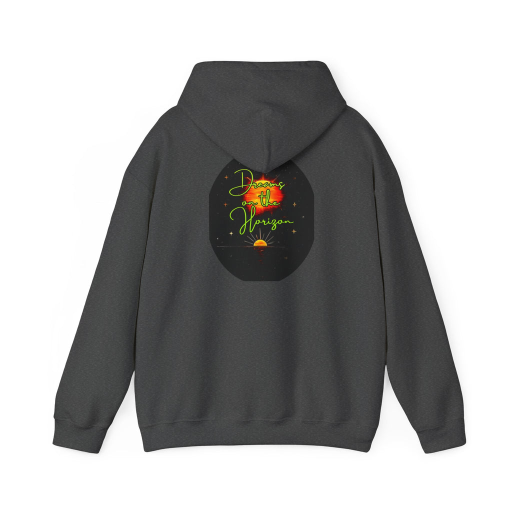 Dreams on the Horizon (Lemongrass) Sunrise Back Print Hooded Sweatshirt, Inspirational and Motivational Apparel, Gift for Dreamers, Creative Expression Wear