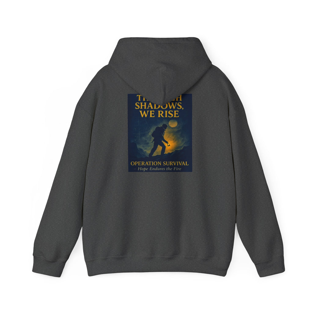 Through Shadows, We Rise – Back-print Cinematic Artwork Operation Survival Hoodie  | Gildan Heavy Blend™ 18500 — Inspirational and Motivational Apparel, Gift for Dreamers, Creative Expression Wear