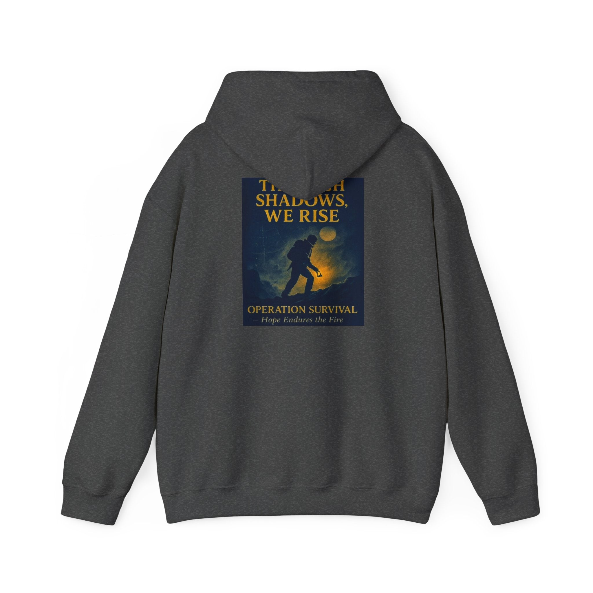 Through Shadows, We Rise – Back-print Cinematic Artwork Operation Survival Hoodie  | Gildan Heavy Blend™ 18500 — Inspirational and Motivational Apparel, Gift for Dreamers, Creative Expression Wear