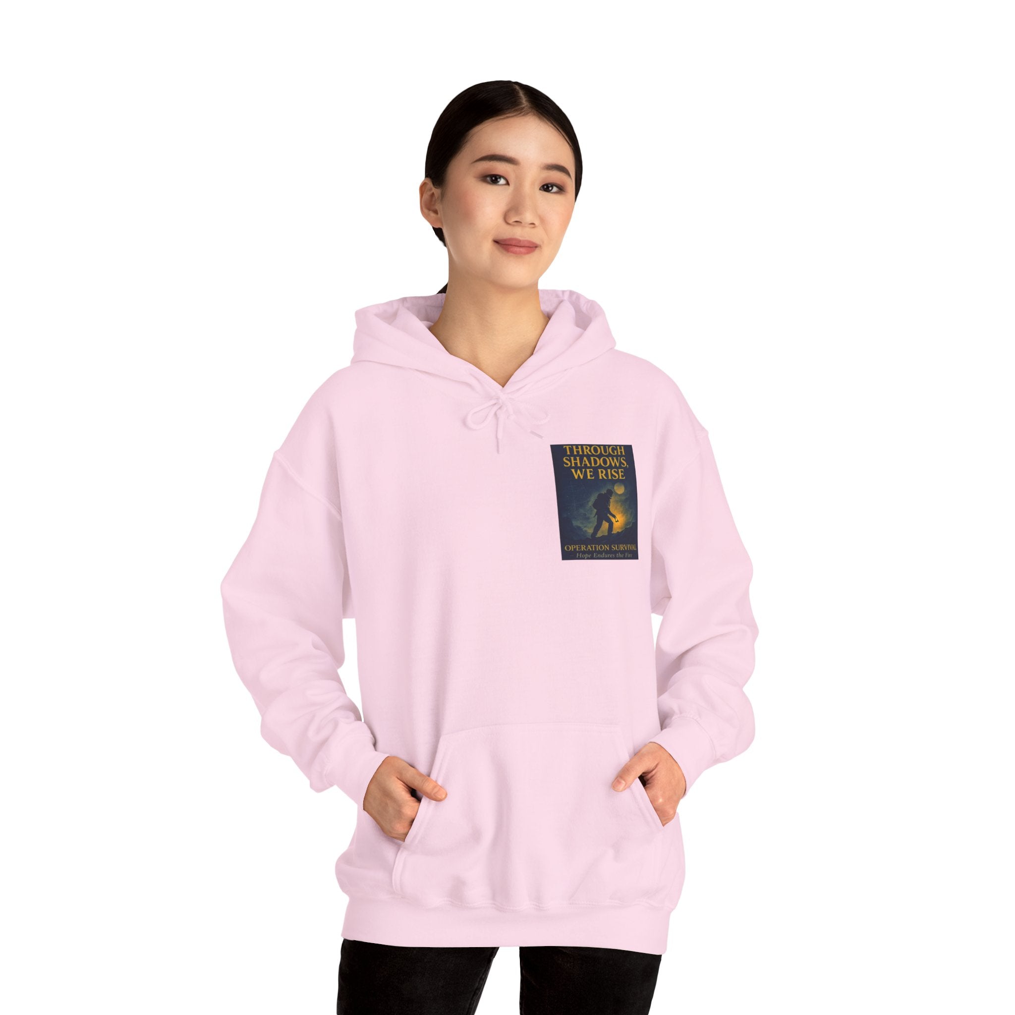 Through Shadows, We Rise – Back-print Cinematic Artwork Operation Survival Hoodie  | Gildan Heavy Blend™ 18500 — Inspirational and Motivational Apparel, Gift for Dreamers, Creative Expression Wear