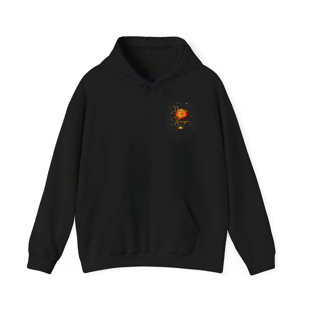 Dreams on the Horizon Sunrise Back Print Hooded Sweatshirt, Inspirational and Motivational Apparel, Gift for Dreamers, Creative Expression Wear