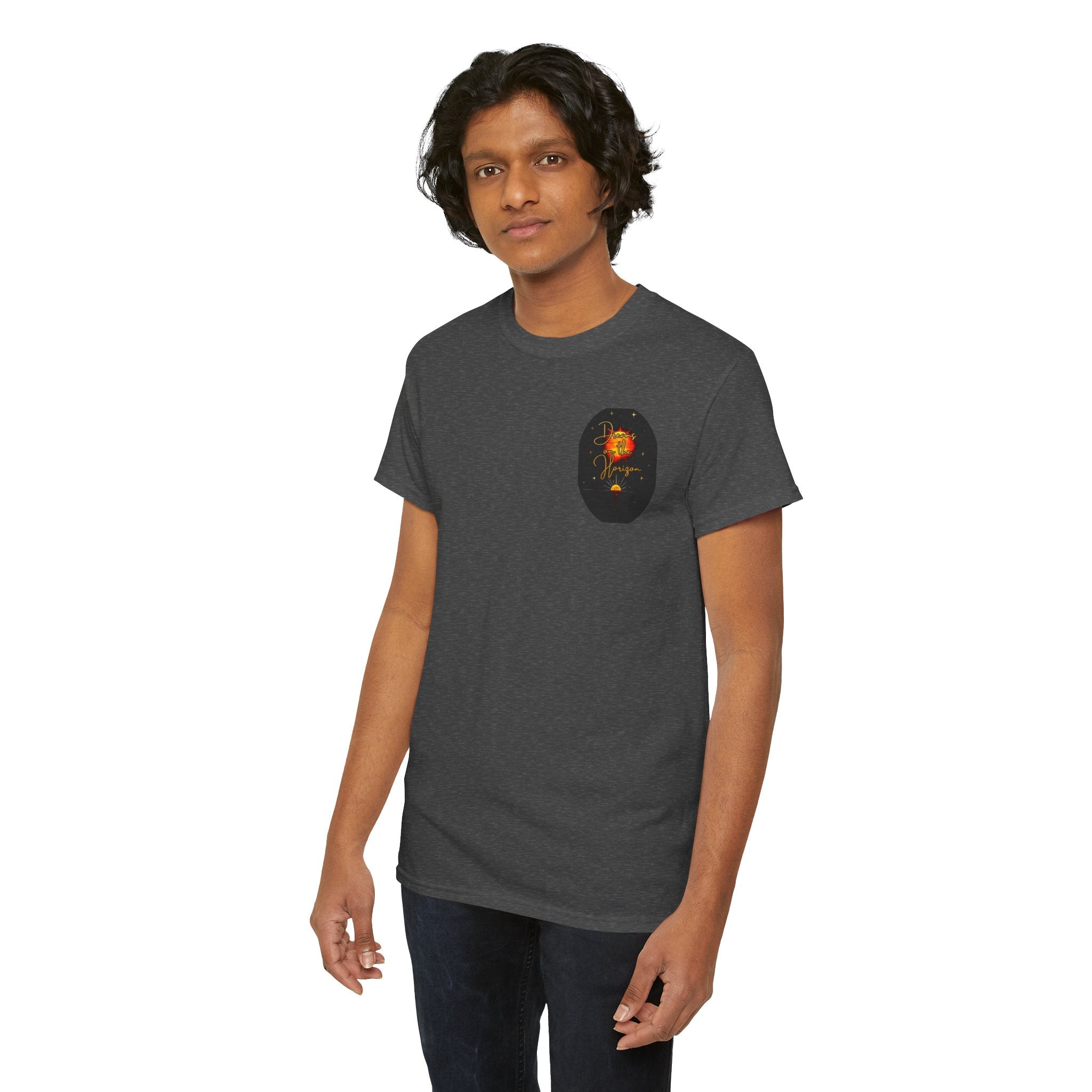 Dreams on the Horizon – Sunrise Back-Print Heavy Cotton Tee, Inspirational and Motivational Apparel, Gift for Dreamers, Creative Expression Wear