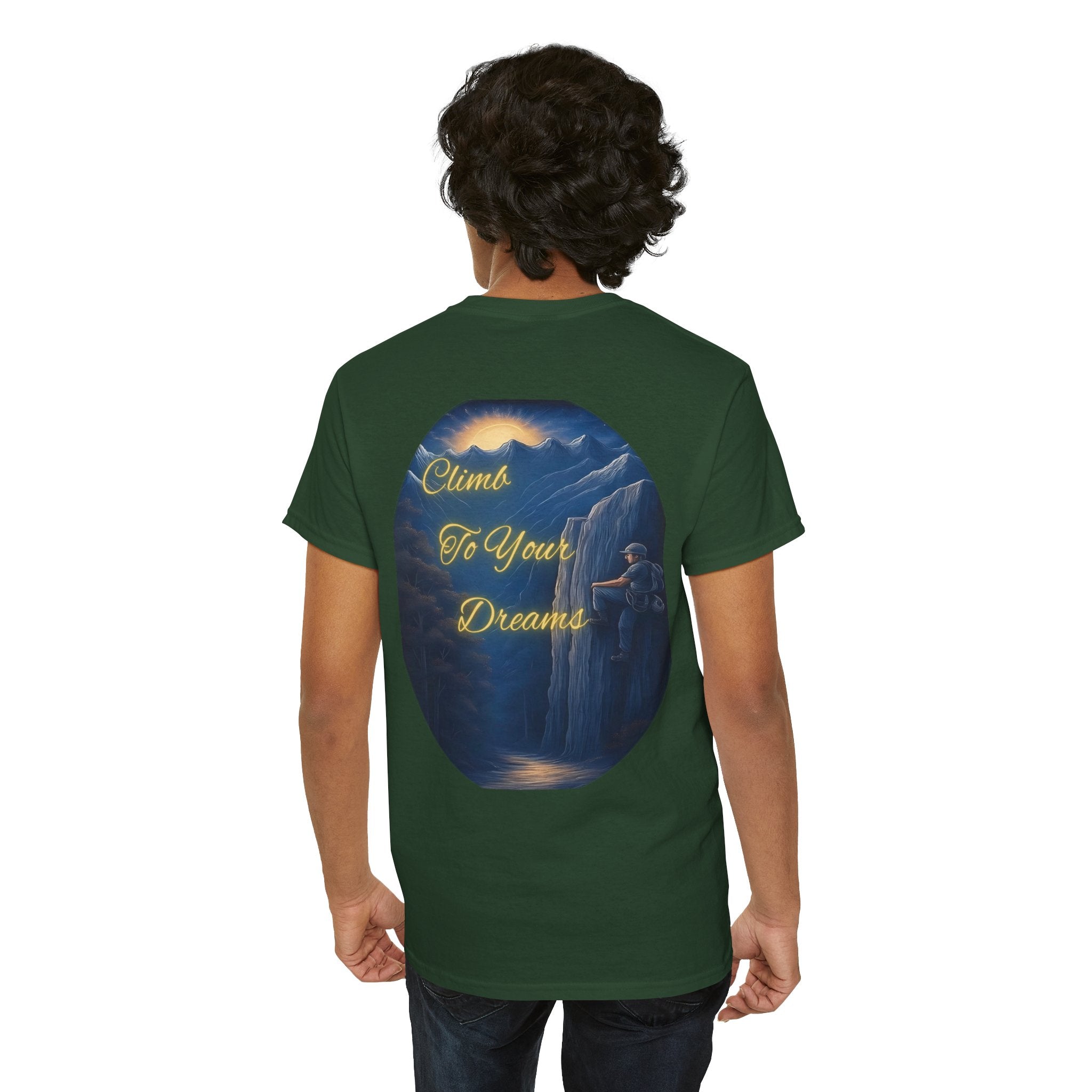 Climb To Your Dreams – Rock Climber Back-Print Tee + Front Badge | Gildan 5000, Inspirational and Motivational Apparel, Gift for Dreamers, Creative Expression Wear