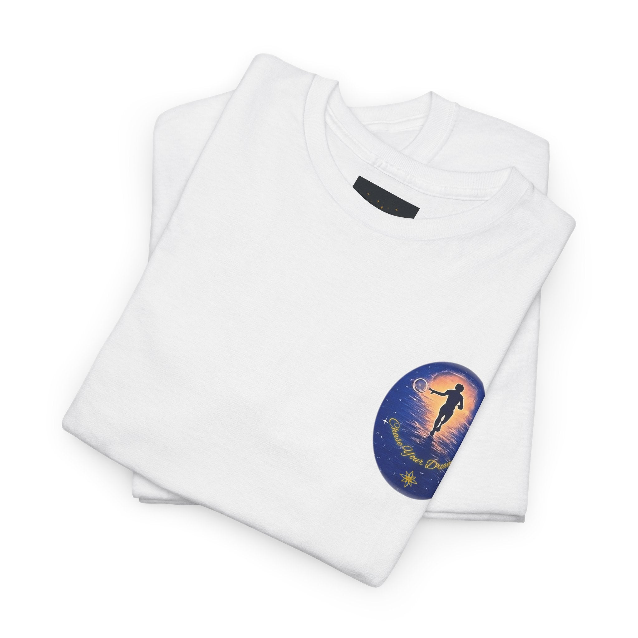 Chase Your Dreams – Sunrise Silhouette Back Printed Heavy Cotton Tee, Inspirational and Motivational Apparel, Gift for Dreamers, Creative Expression Wear
