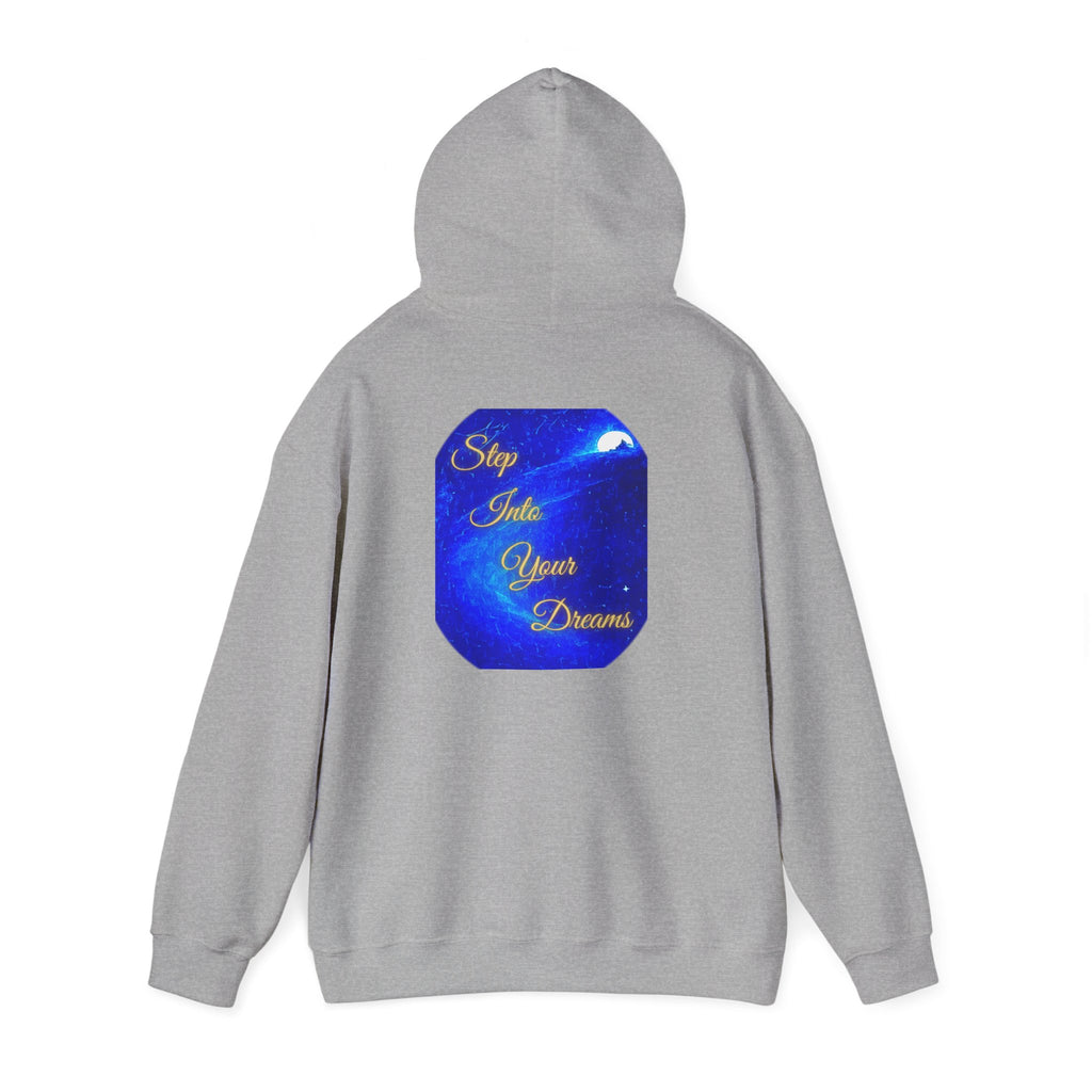 Step Into Your Dreams – Cosmic Gateway Back-print Hoodie | Tiny front badge | Gildan Heavy Blend™. Inspirational and Motivational Apparel, Gift for Dreamers, Creative Expression