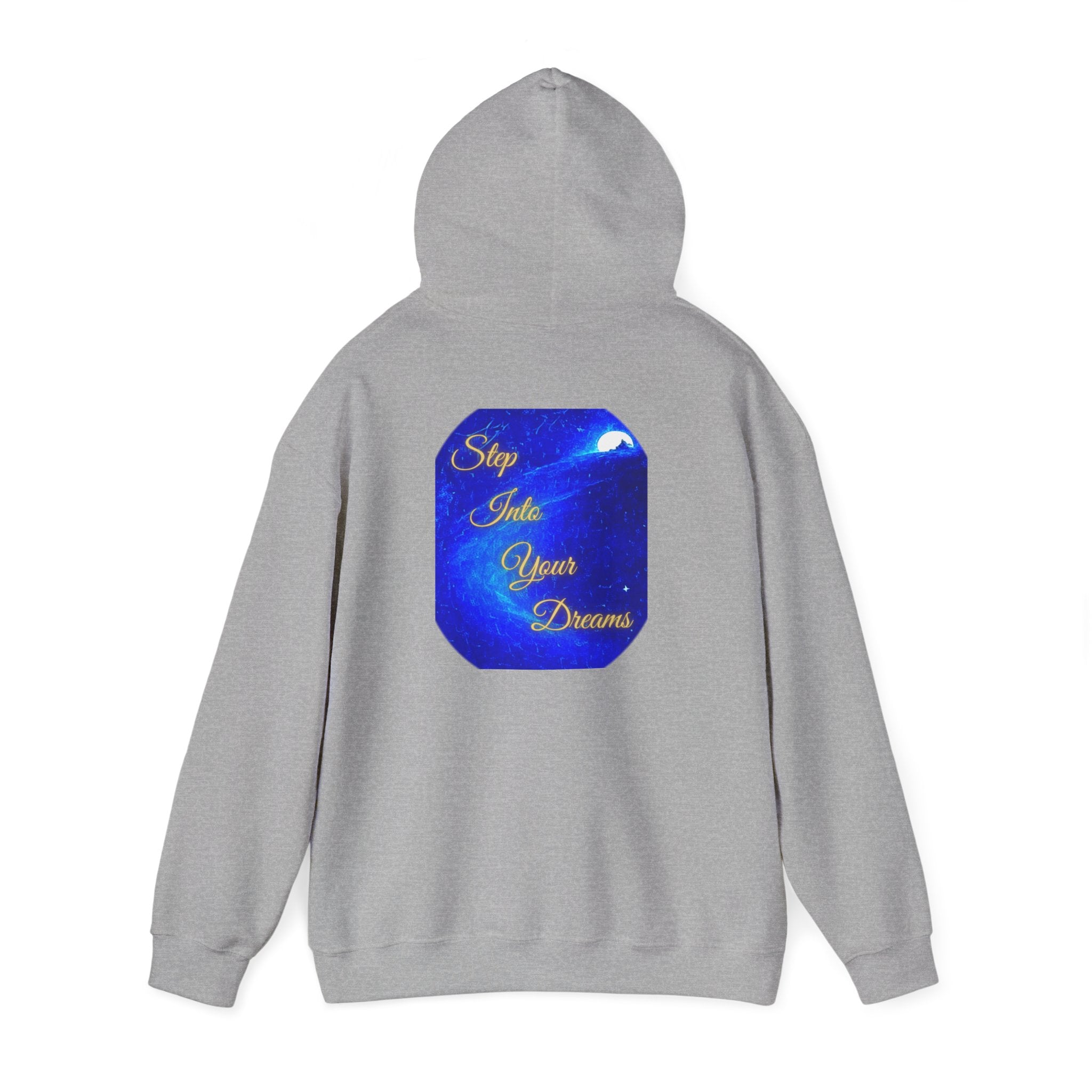 Step Into Your Dreams – Cosmic Gateway Back-print Hoodie | Tiny front badge | Gildan Heavy Blend™. Inspirational and Motivational Apparel, Gift for Dreamers, Creative Expression