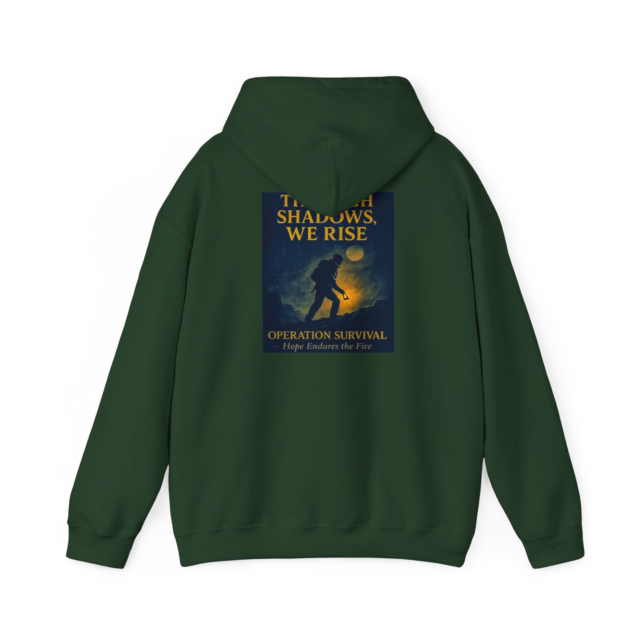Through Shadows, We Rise – Back-print Cinematic Artwork Operation Survival Hoodie  | Gildan Heavy Blend™ 18500 — Inspirational and Motivational Apparel, Gift for Dreamers, Creative Expression Wear