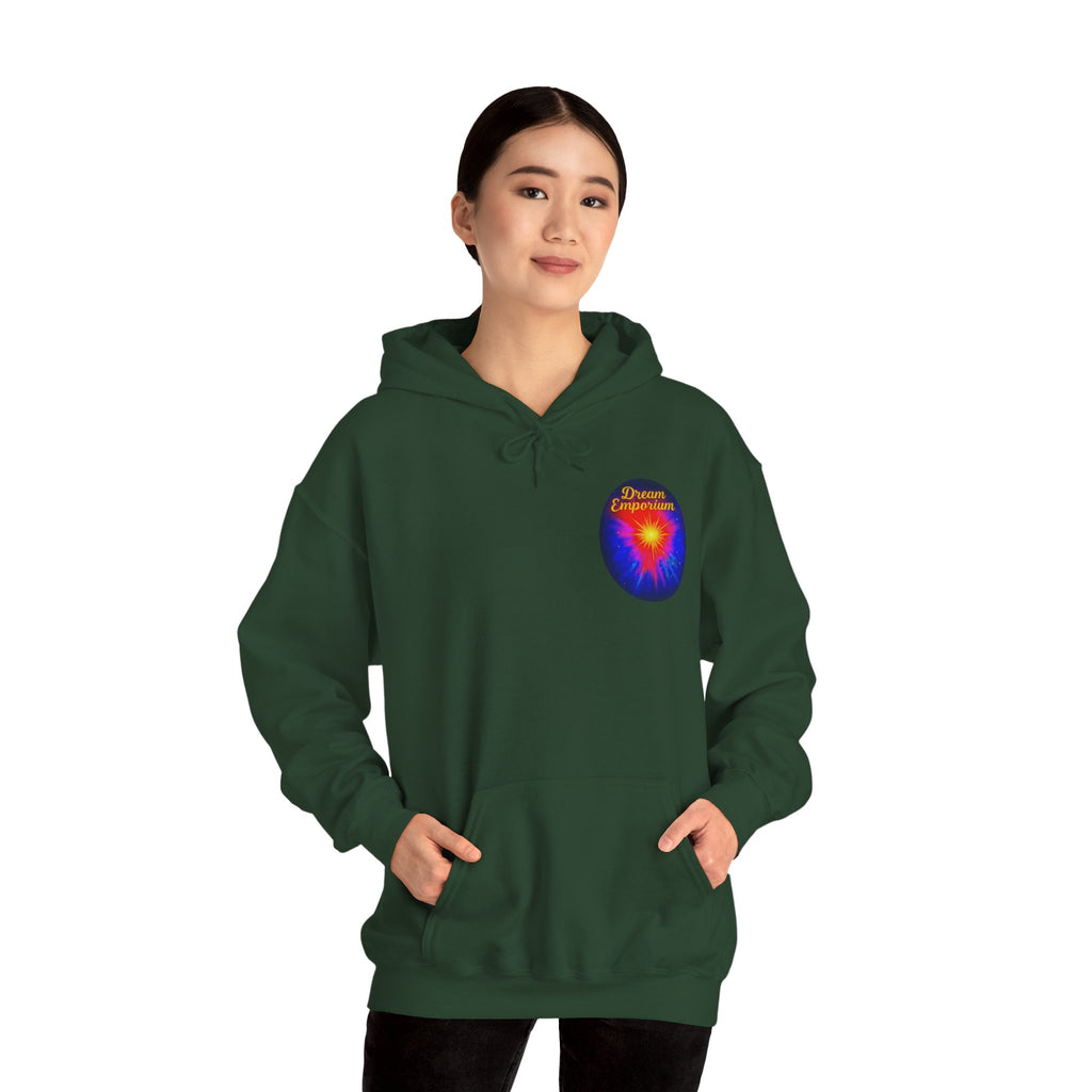 Dream Emporium – Back Printed Radiant Starburst Heavy Blend™ Hooded Sweatshirt, Inspirational and Motivational Apparel, Gift for Dreamers, Creative Expression Wear