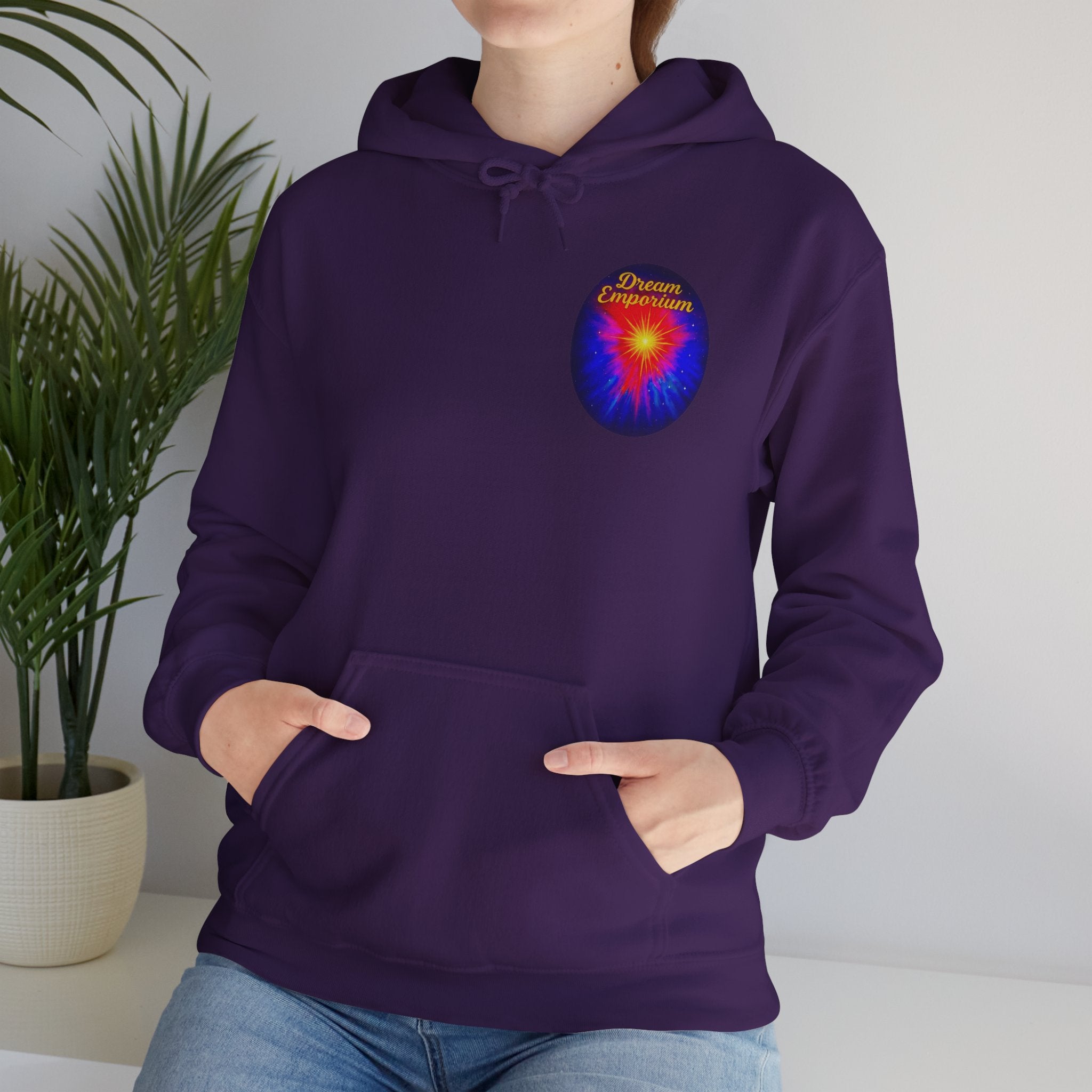 Dream Emporium – Back Printed Radiant Starburst Heavy Blend™ Hooded Sweatshirt, Inspirational and Motivational Apparel, Gift for Dreamers, Creative Expression Wear