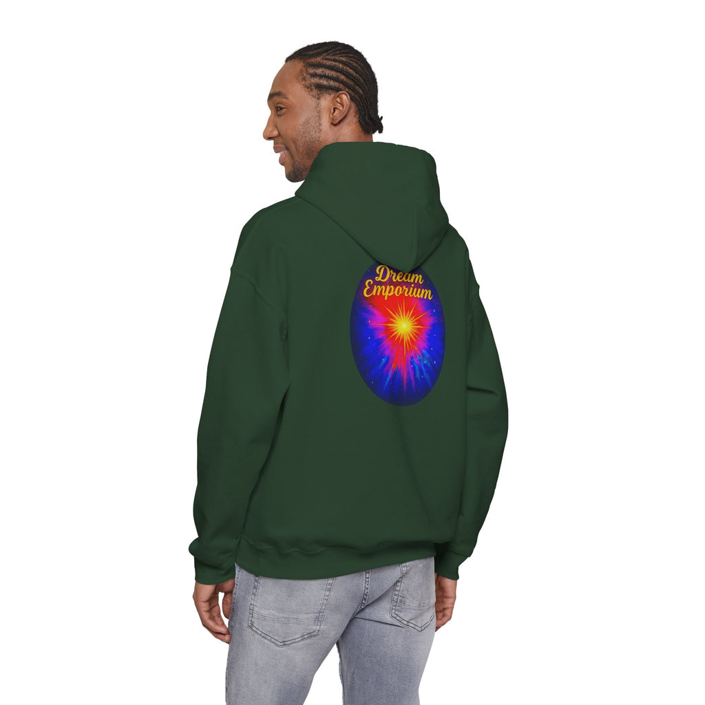Dream Emporium – Back Printed Radiant Starburst Heavy Blend™ Hooded Sweatshirt, Inspirational and Motivational Apparel, Gift for Dreamers, Creative Expression Wear