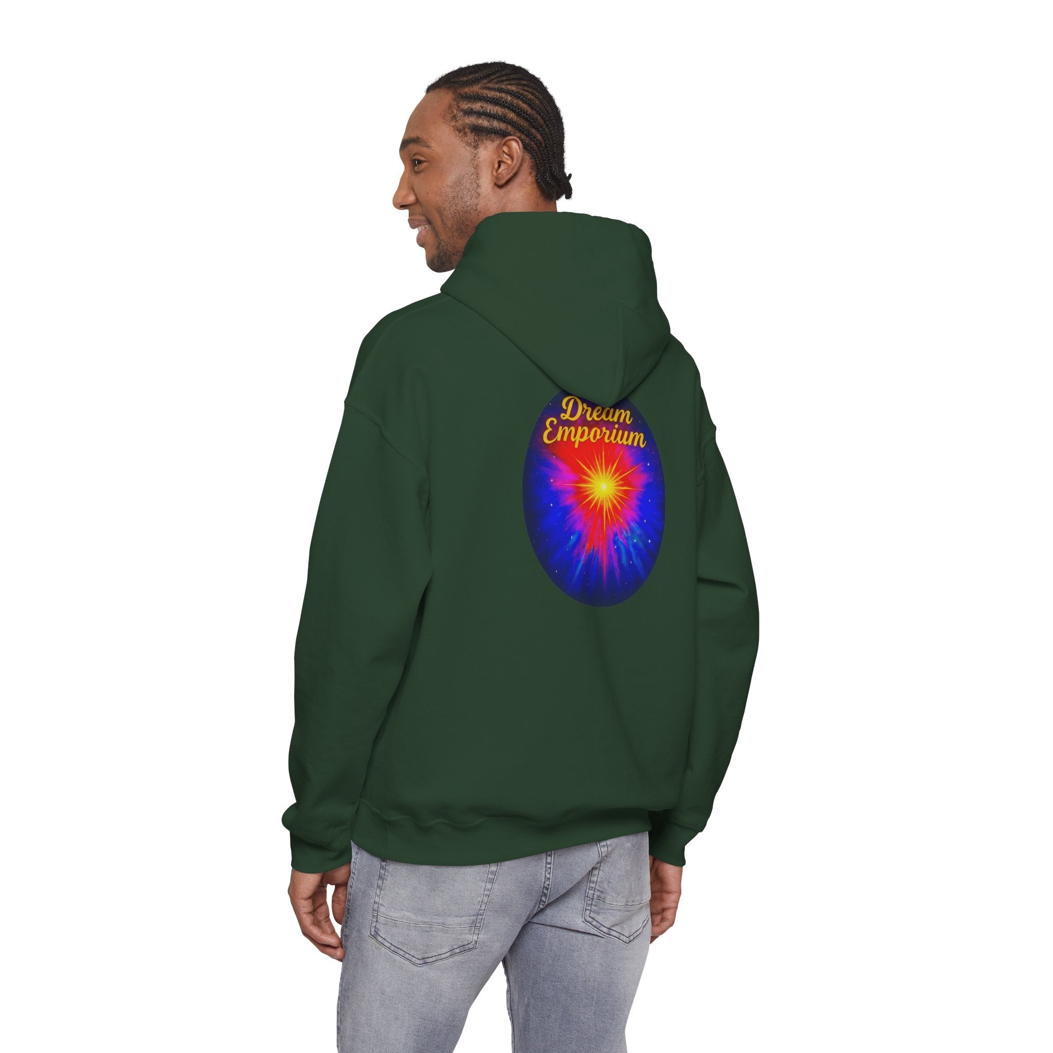 Dream Emporium – Back Printed Radiant Starburst Heavy Blend™ Hooded Sweatshirt, Inspirational and Motivational Apparel, Gift for Dreamers, Creative Expression Wear