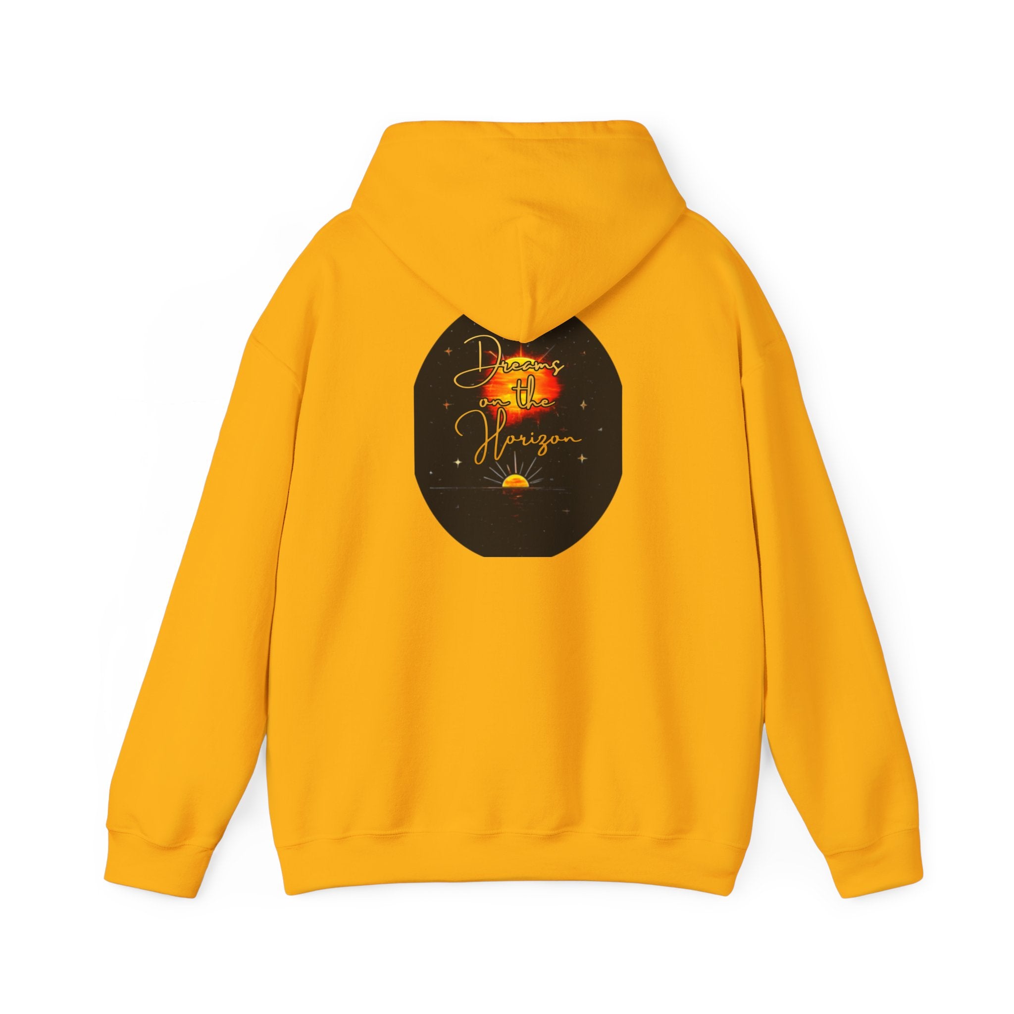 Dreams on the Horizon Sunrise Back Print Hooded Sweatshirt, Inspirational and Motivational Apparel, Gift for Dreamers, Creative Expression Wear