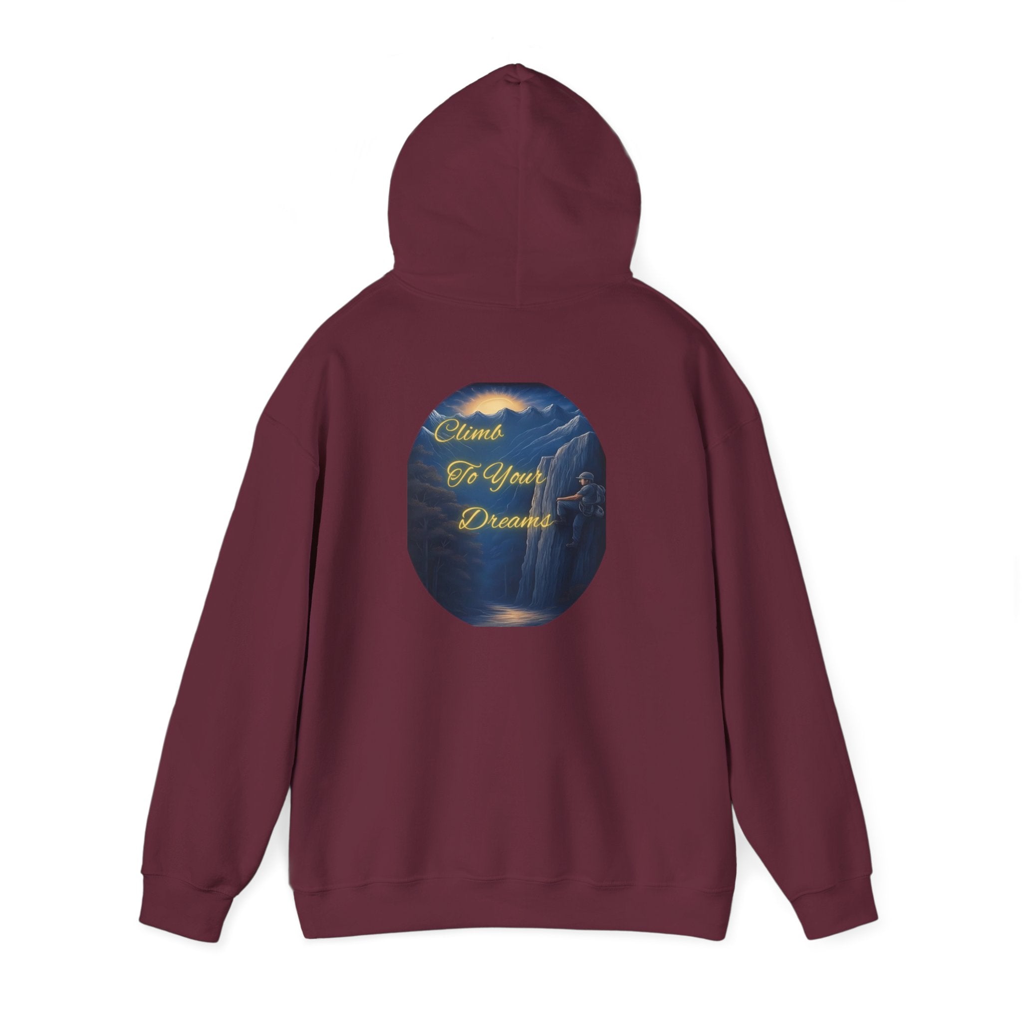 Climb To Your Dreams - Mountain Sunrise Hoodie | Back Glow Print + Front Badge | Heavy Blend™, Inspirational and Motivational Apparel, Gift for Dreamers, Creative Expression Wear