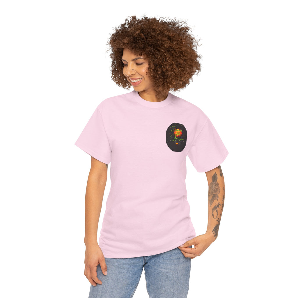 Dreams on the Horizon (Lemongrass) – Sunrise Back-Print Heavy Cotton Tee, Inspirational and Motivational Apparel, Gift for Dreamers, Creative Expression Wear