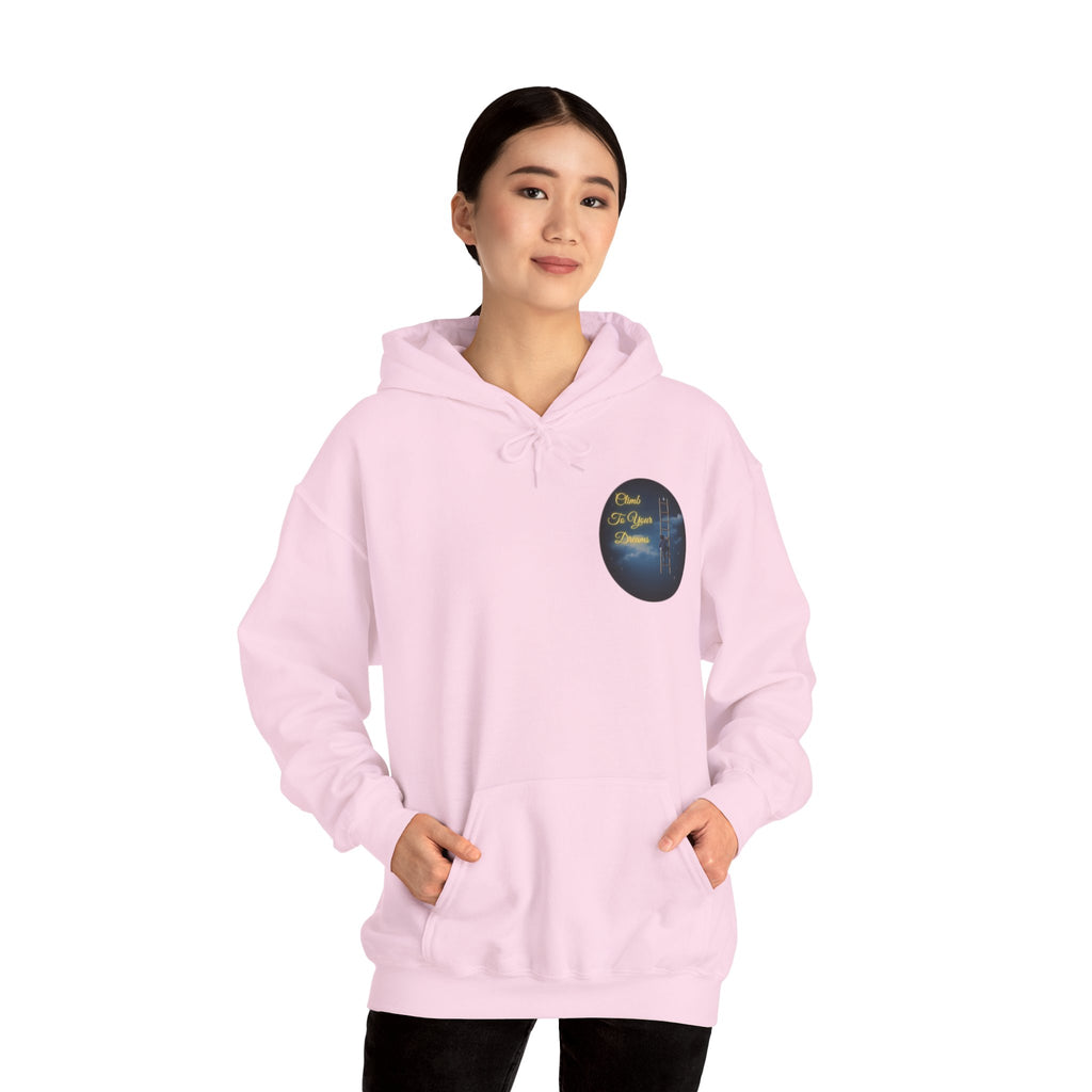 Climb To Your Dreams – Starry Night Ladder-to-Moon Back-Print Hoodie + Front Badge | Gildan 18500, Inspirational and Motivational Apparel, Gift for Dreamers, Creative Expression Wear